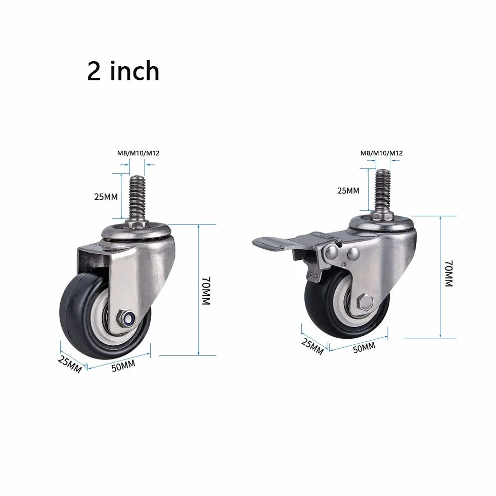 Ruote per mobili Resistenti da 2 Pollici con Filettatura M8/M10/M12, Staffa in Acciaio Inox 304, Portata 300 kg, silenziose, con Freno, girevoli, Piccole, Ideali per Tavolo, scrivania, Carre