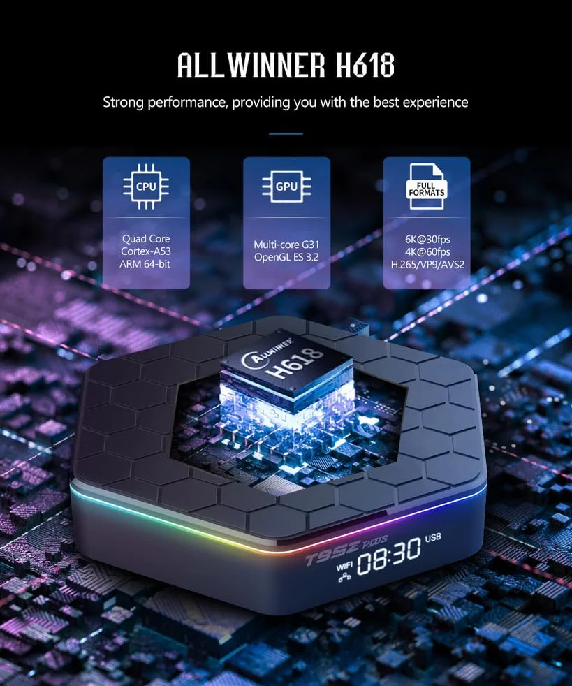 CHROX Box T95Z Plus Android 12.0, H618 2.0Ghz 64-Bit Quad-Core Cortex-A55 Mali-G310 GPU Supporto 2.4/5.0Ghz WIFI6 BT5.0 100M Ethernet 8K 1080P HDR10+ HDMI 2.1 H.265,4gb+32gb