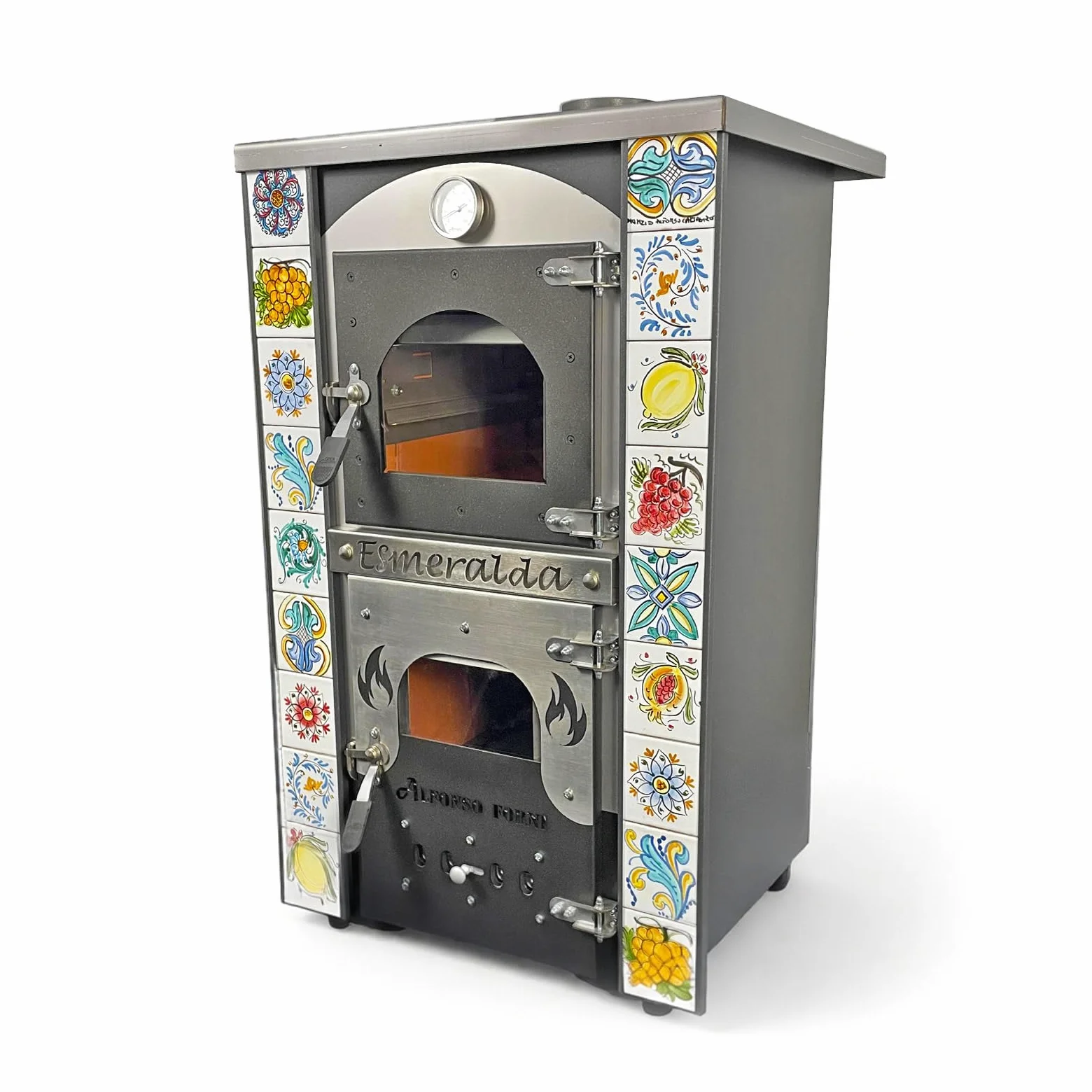 Stufa a Legna Con Forno - Esmeralda con Maioliche di Caltagirone - Potenza Riscaldamento 15 Kw, Stufa A Legna Economica In Acciaio Verniciato Antracite, Con Forno In Mattoni Refrattari, Made In Italy