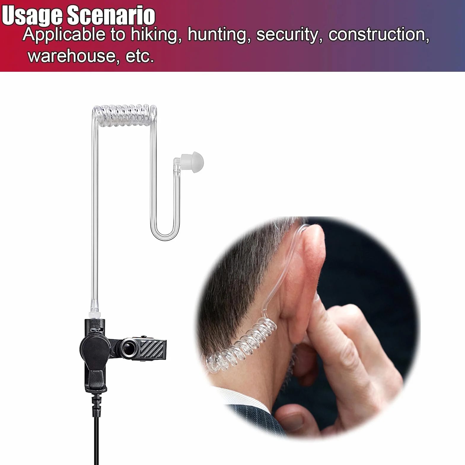 Cuffia con microfono 2 pin con pulsante PTT grande, compatibile con Kenwood eSnic Baofeng UV-5R Auricolare per radio bidirezionale per guardie del corpo di sicurezza (Tubo acustico, 1)