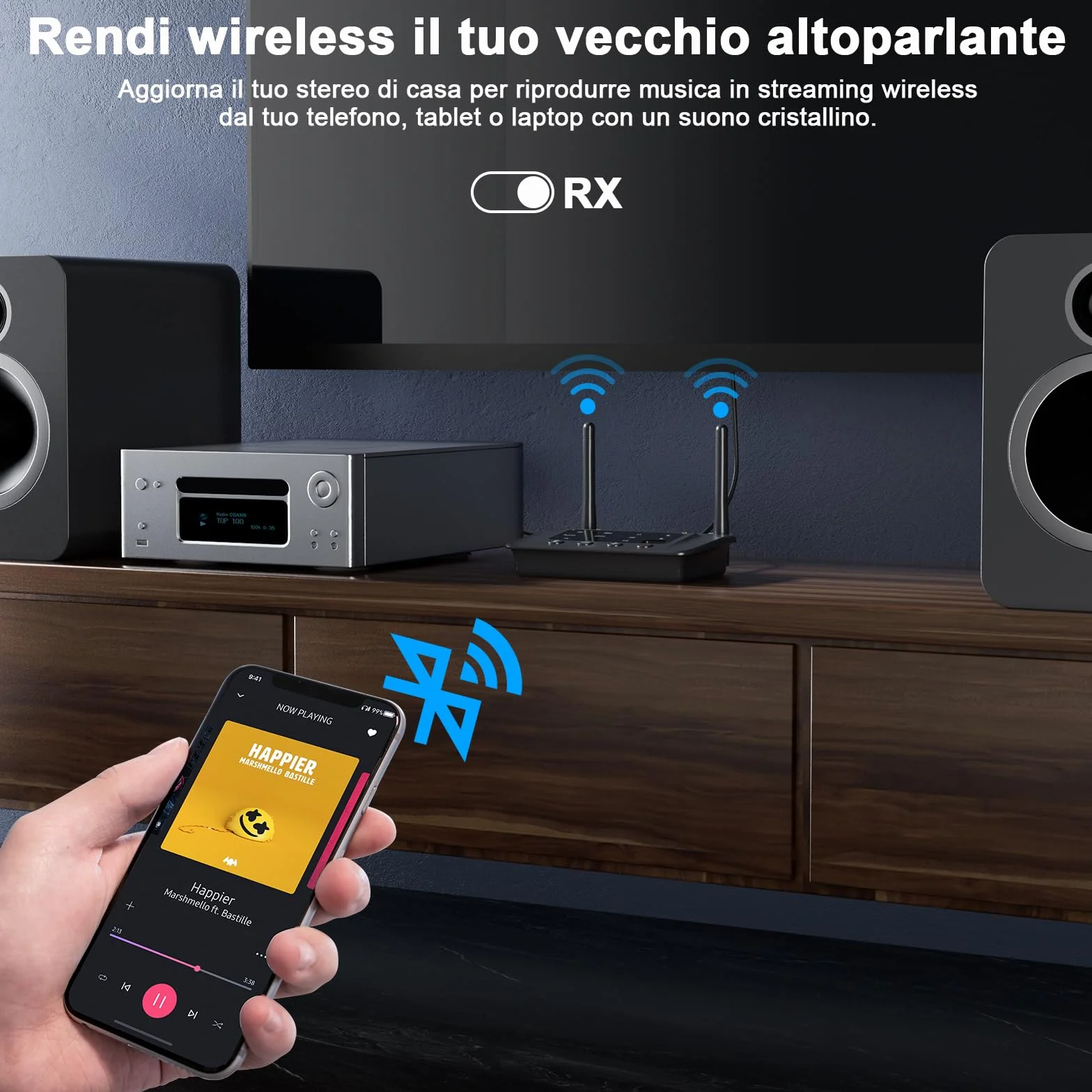 1Mii B03S Trasmettitore Ricevitore Bluetooth 5.3 per TV Cuffie, Adattatore Audio HiFi con Chip DAC ESS, aptX LL/Adaptive/HD, Ottico/Jack 3.5mm AUX (RCA), Lungo Raggio per PC/Stereo, Dual Link