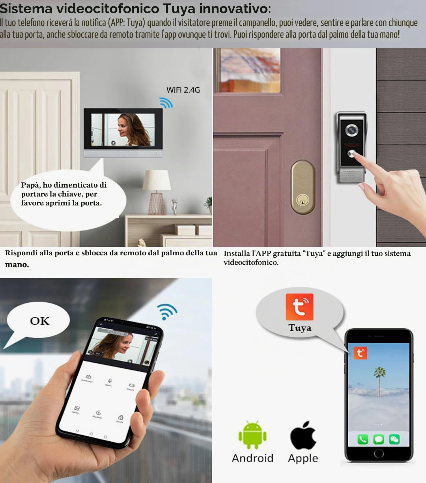 Wifi Tuya Videocitofono Cablato 2 Unità Campanello Per Il Sistema Di Videocitofono Domestico Video Campanello, Touch Screen Da 7 Pollici Del Monitor Interno, Telecamera Di Visione Notturna 1080p