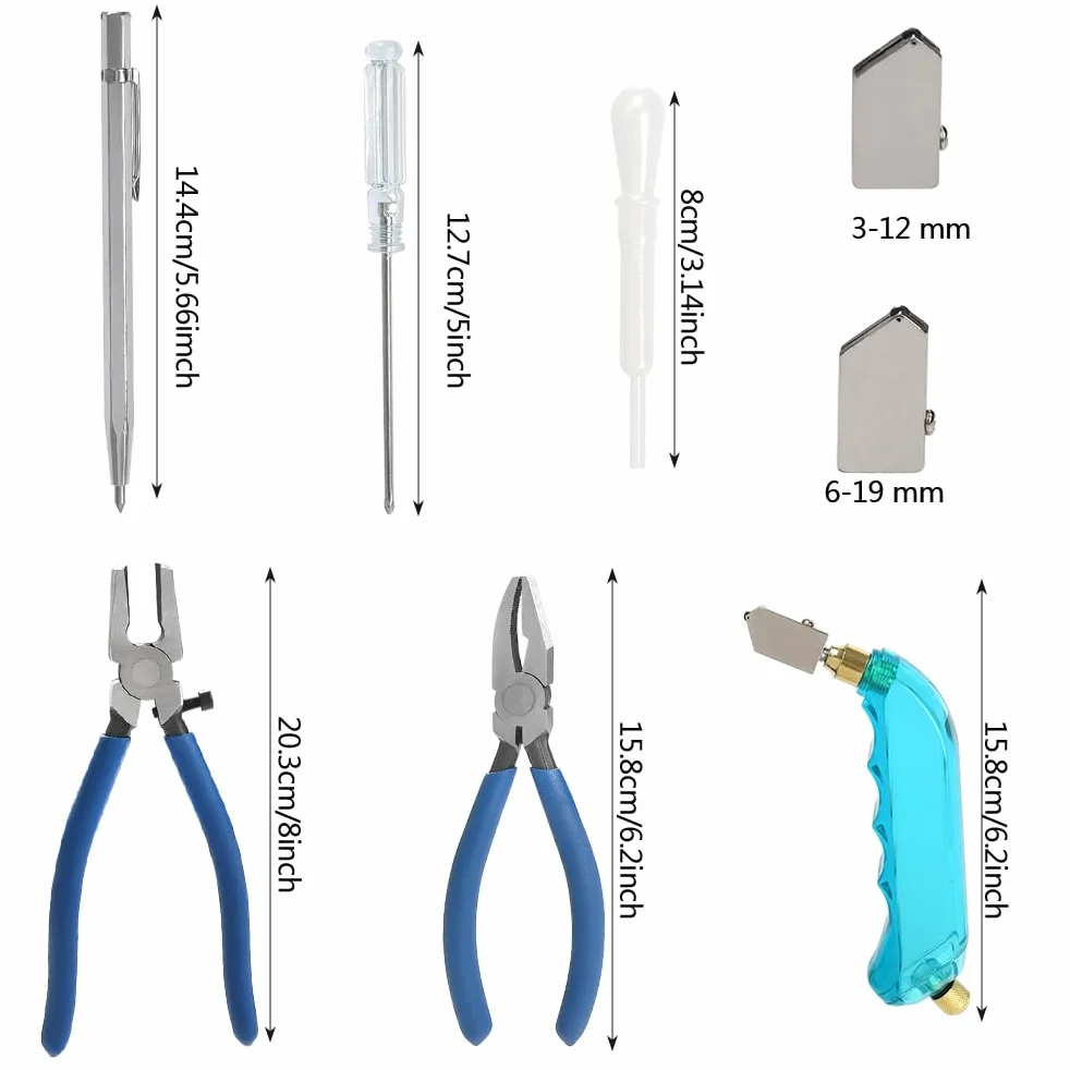 Set di 11 tagliavetro professionale professionale per vetro spesso, pinza per fughe con taglierina manuale, taglierina per bottiglie con testa di taglio, 2 misure