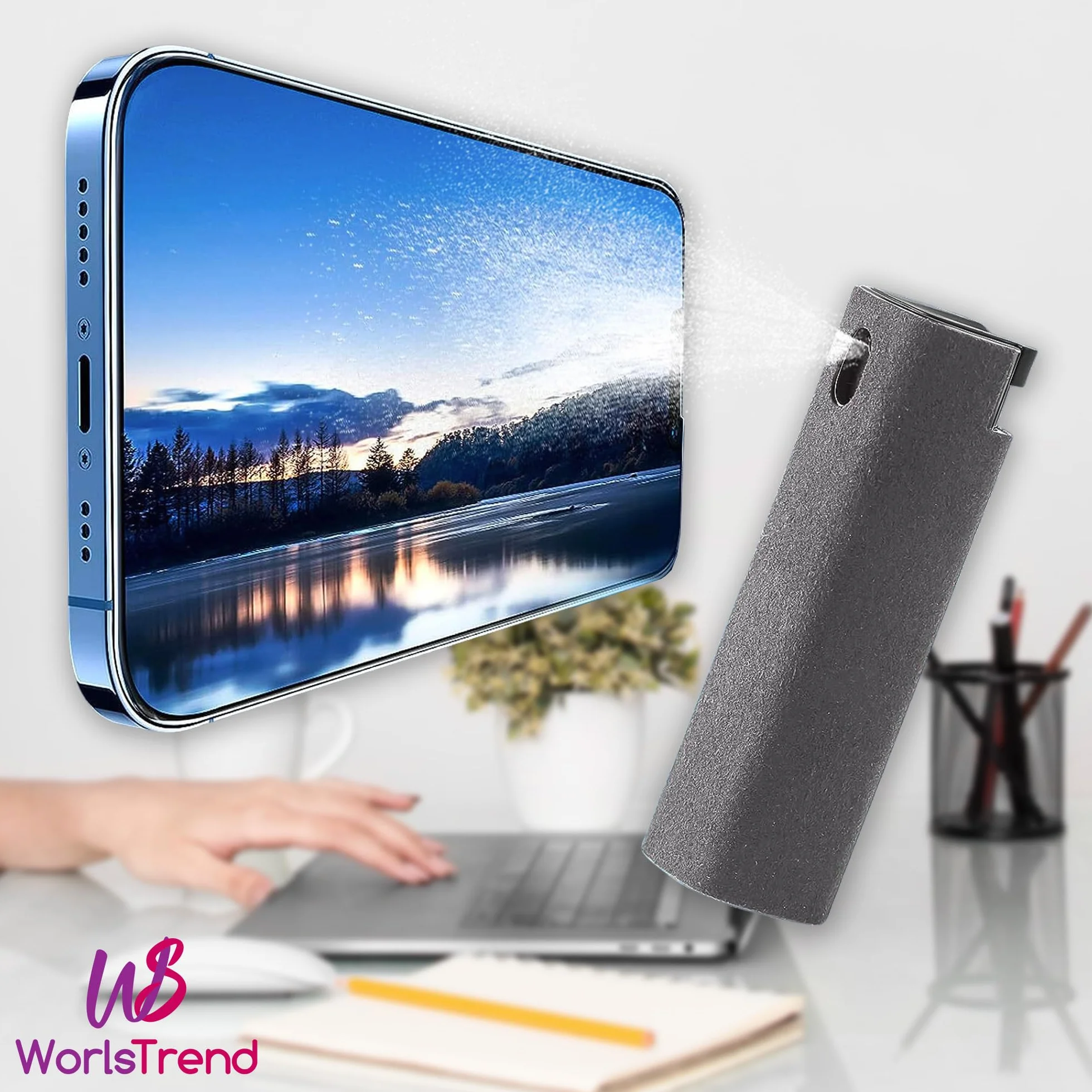 Confezione da 2 pulitori per schermo mobile/PC/TV/iPad/MacBook con panno in microfibra, 2 in 1 pulitore, spruzza e strofina, spruzza e pulisci il tuo schermo all'istante, ricaricabile.