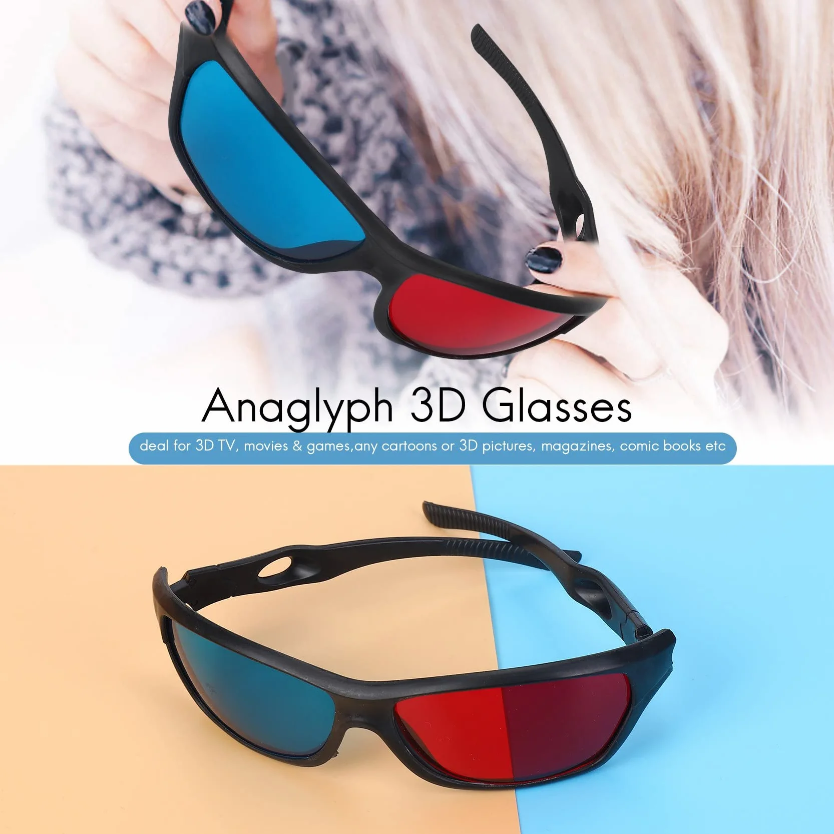 5 x occhiali anaglifi dimensionali per visione 3D rosso e blu per TV, film, giochi, DVD