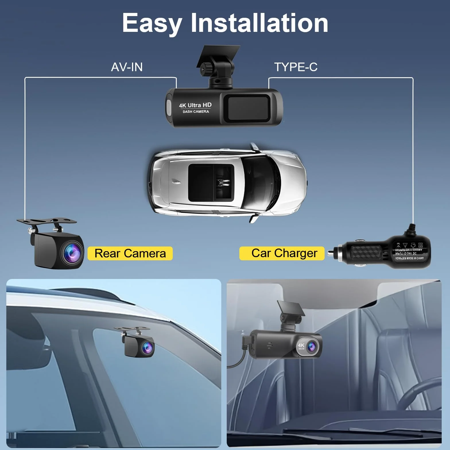 Dash Cam Auto 4k + 1080P, WiFi Dashcam Telecamera per Auto Atti Vandalici con Visione Notturna Migliorata, Sensore di Gravità, Registrazione in Loop, WDR