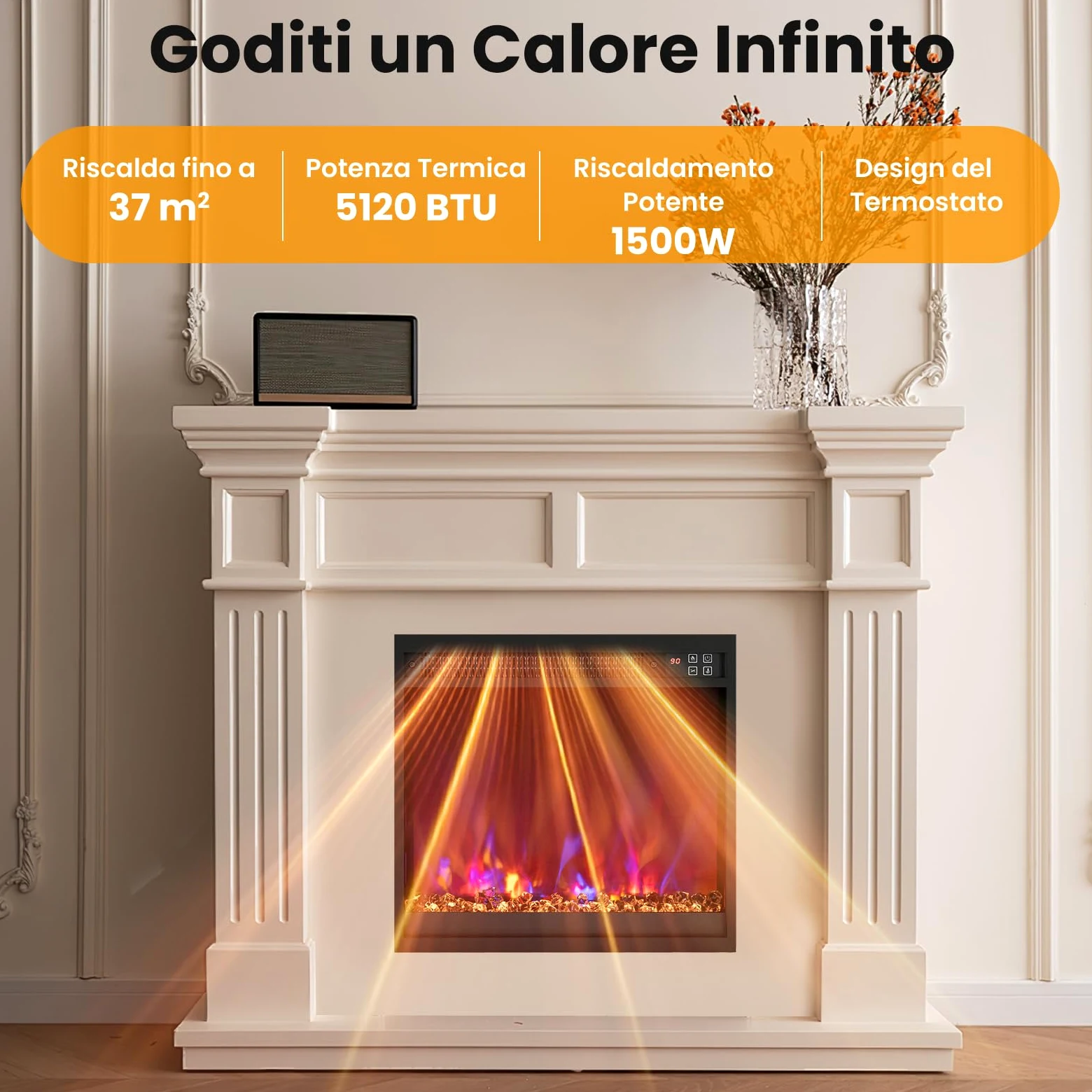 RELAX4LIFE 49/61/68,5 cm Camino Elettrico Incassato con Fiamma Multicolore e Letto di Braci, Telecomando, Timer, Termostato Integrato e Protezione da Surriscaldamento, 1500W (LUNGHEZZA:49CM)