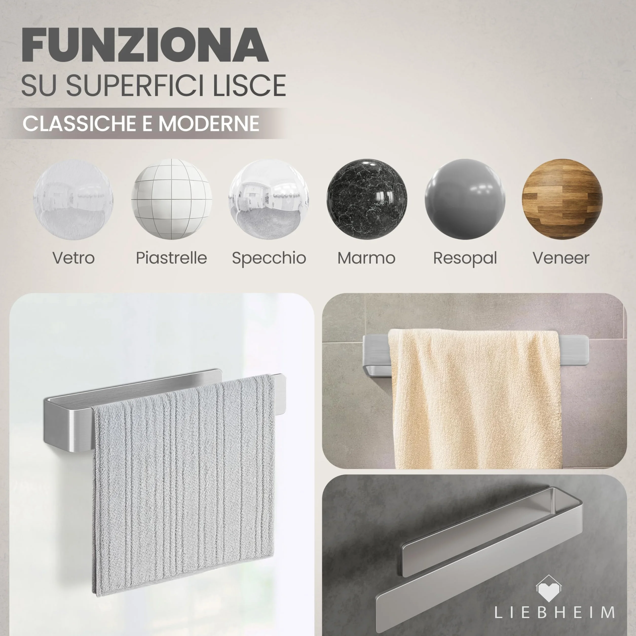LIEBHEIM Barra portasciugamani in acciaio inox 22 cm senza forare nastro adesivo extra large