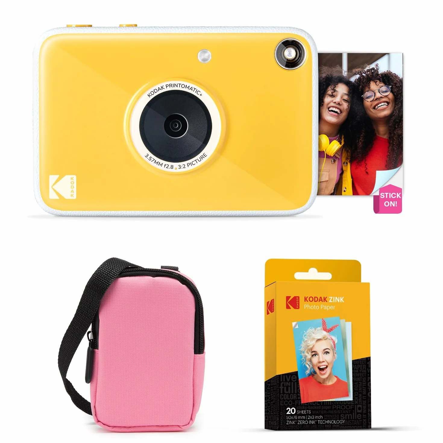 KODAK Printomatic+ Fotocamera Istantanea 10MP Kit Iniziale (Rosa) con Custodia, RGB LED e Carta Adesiva Zink 20pz – Giallo