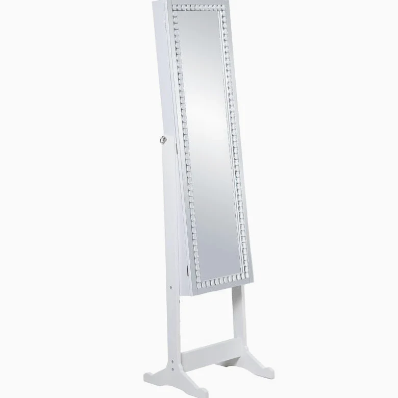 DRW Specchio portagioie da terra con porta in legno in bianco 40,5 x 38 x 161 cm, interno 26 x 110 cm