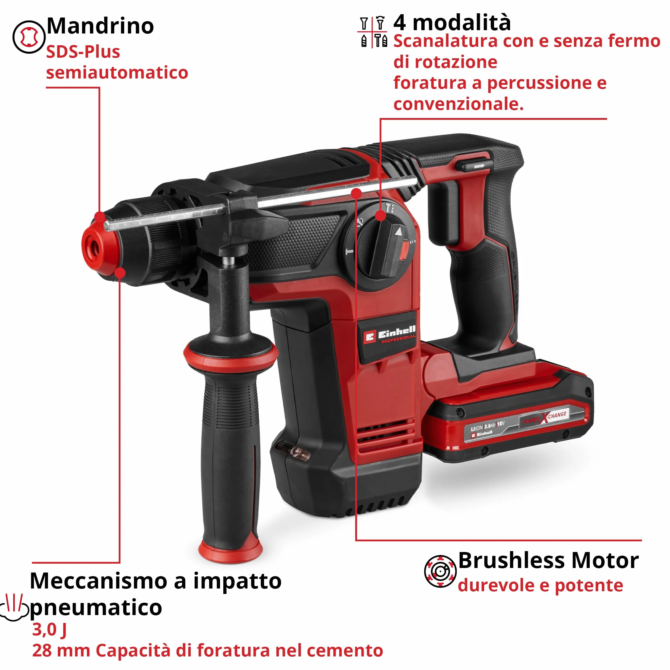 Einhell Professional Tassellatore TP-HD 18/28 Li BL 18 V Brushless 3 J SDS-plus 4 funzioni Power X-Change