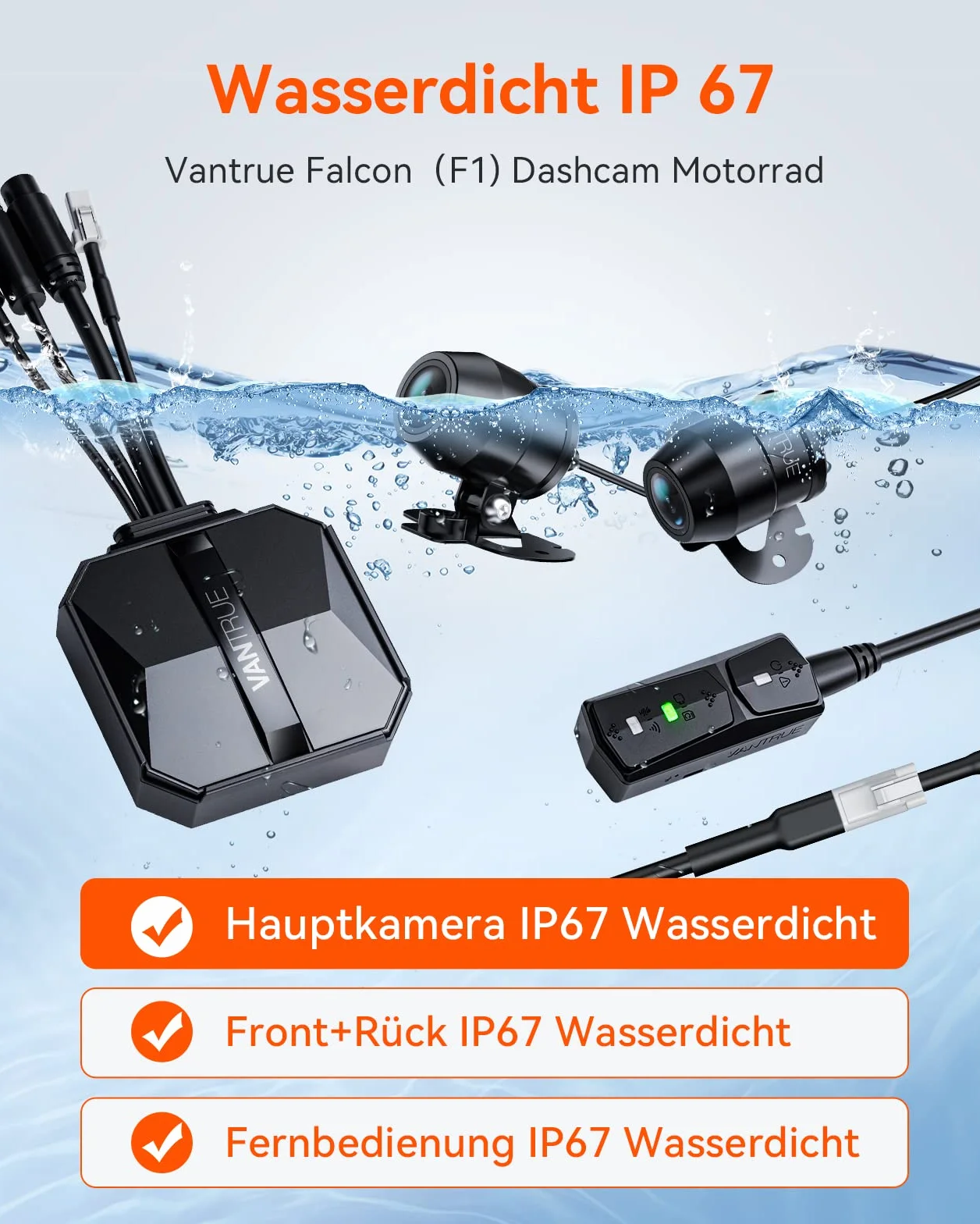 VANTRUE F1 4K+1080P Telecamera Moto Impermeabile IP67, 5GHz WiFi GPS Dash Cam Moto, Avvisi Vocali, 24H Rilevamento Collisione，Statistiche Chilometriche，WDR & HDR & APP, 300° Max 512G