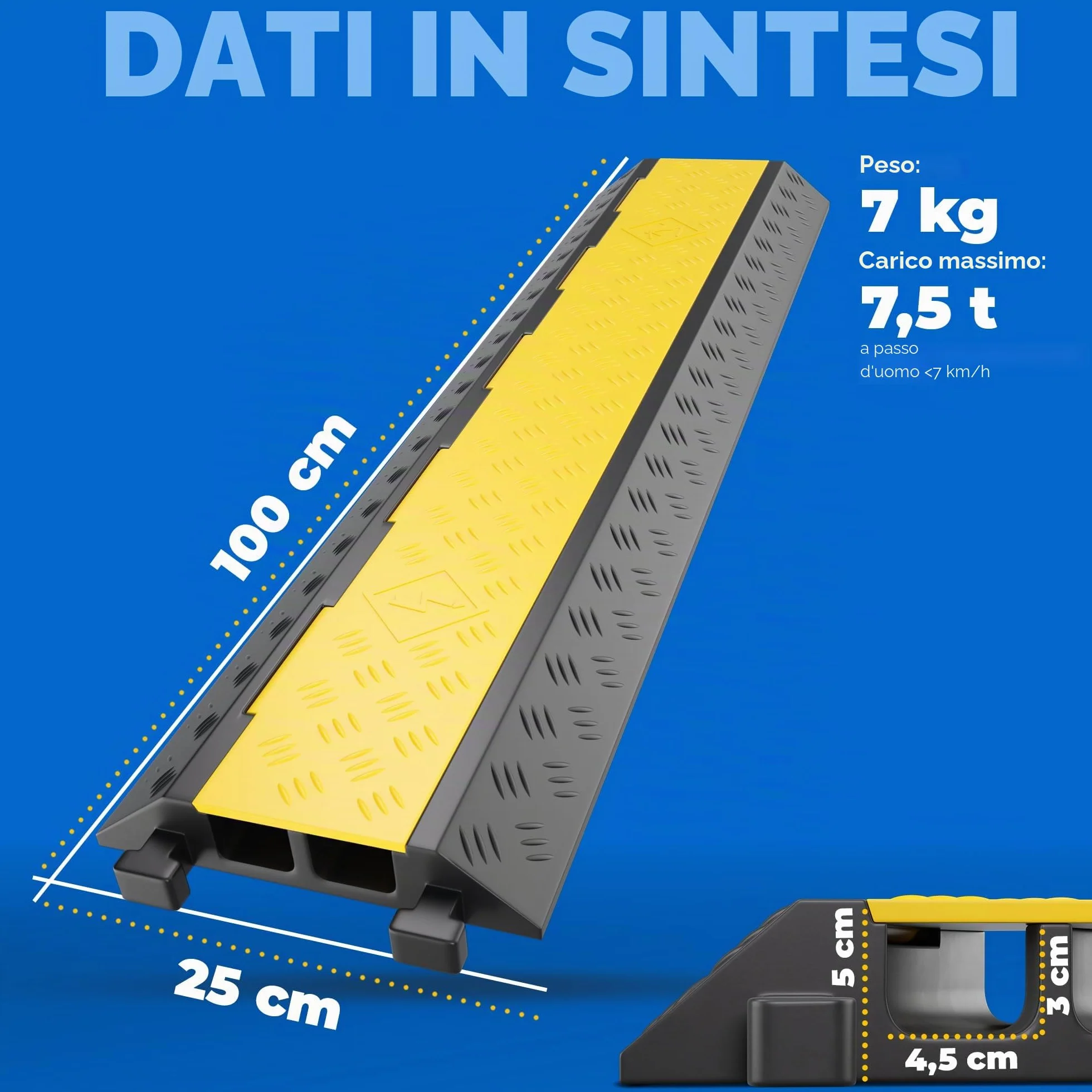 Ponte cavo 2 canali con coperchio, protezione urti 20 t, gomma 100 x 25 x 5 cm