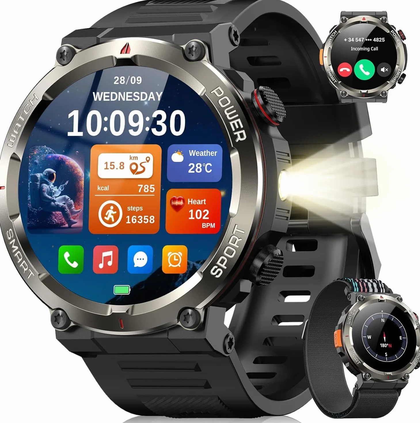 Blackview Smartwatch Uomo, Orologio Intelligente Fitness con Chiamate Bluetooth,1.45" Militari Smart Watch Tracker 100+ Modalità Sportive per Cardiofrequenzimetro,SpO2, Torcia,Bussola per Android iOS