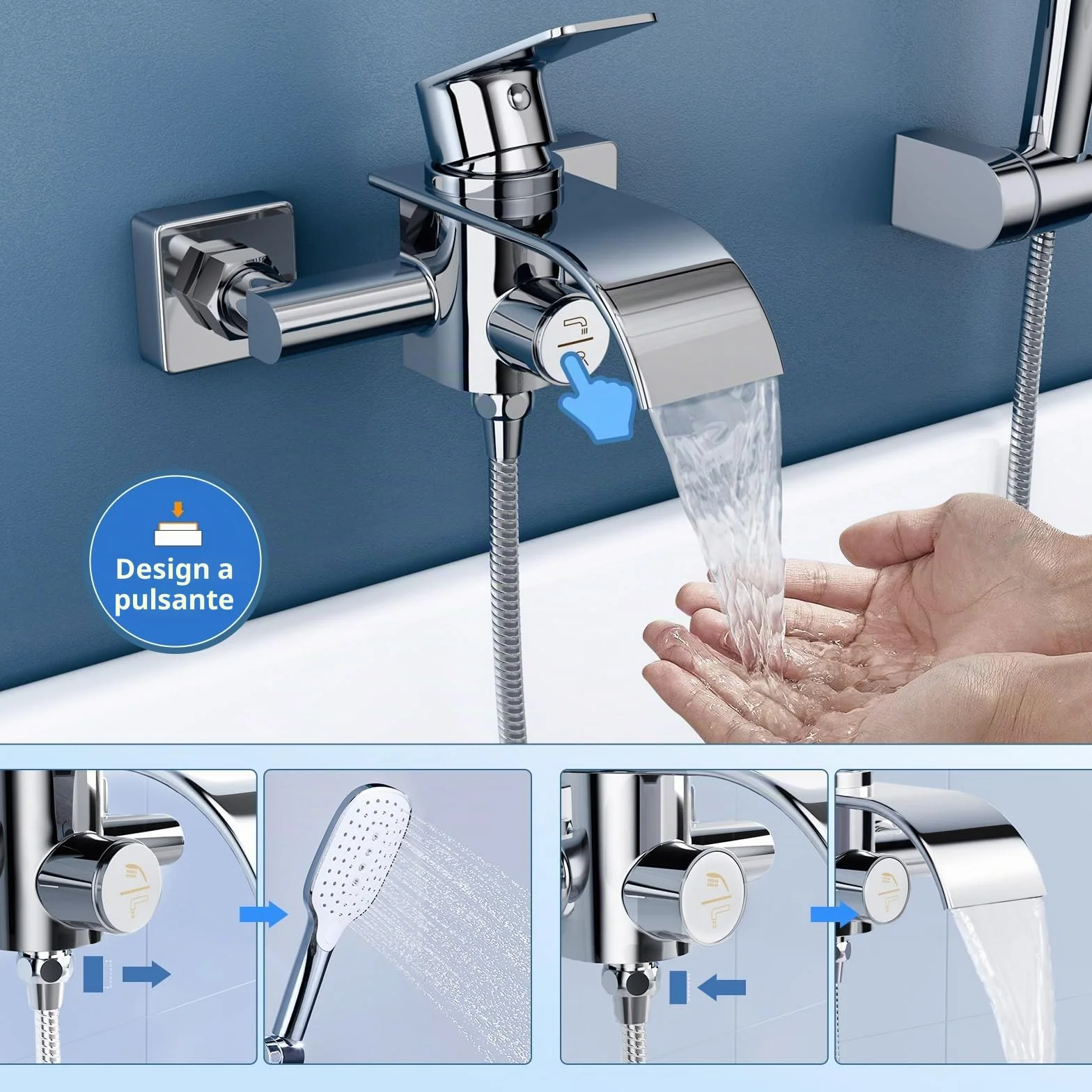rubinetto vasca doccetta mano cascata miscelatore ottone 3 funzioni interruttore pressione