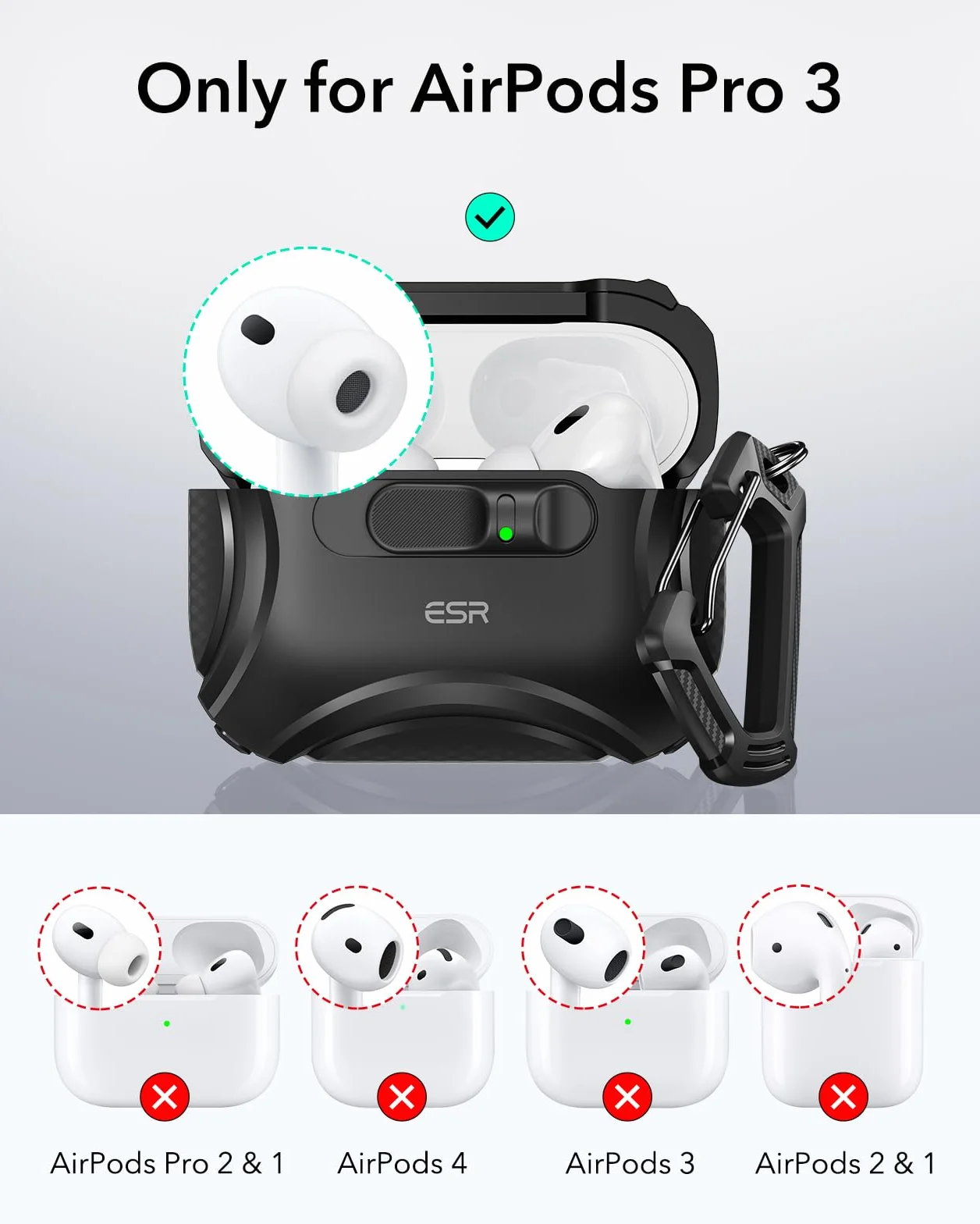 ESR Custodia per AirPods Pro 3 (2025), Compatibile con Airpods Pro di 3a Generazione (cavo USB-C), MagSafe facile, Chiusura antiurto, Facile da aprire, Serie Cyber, Nero