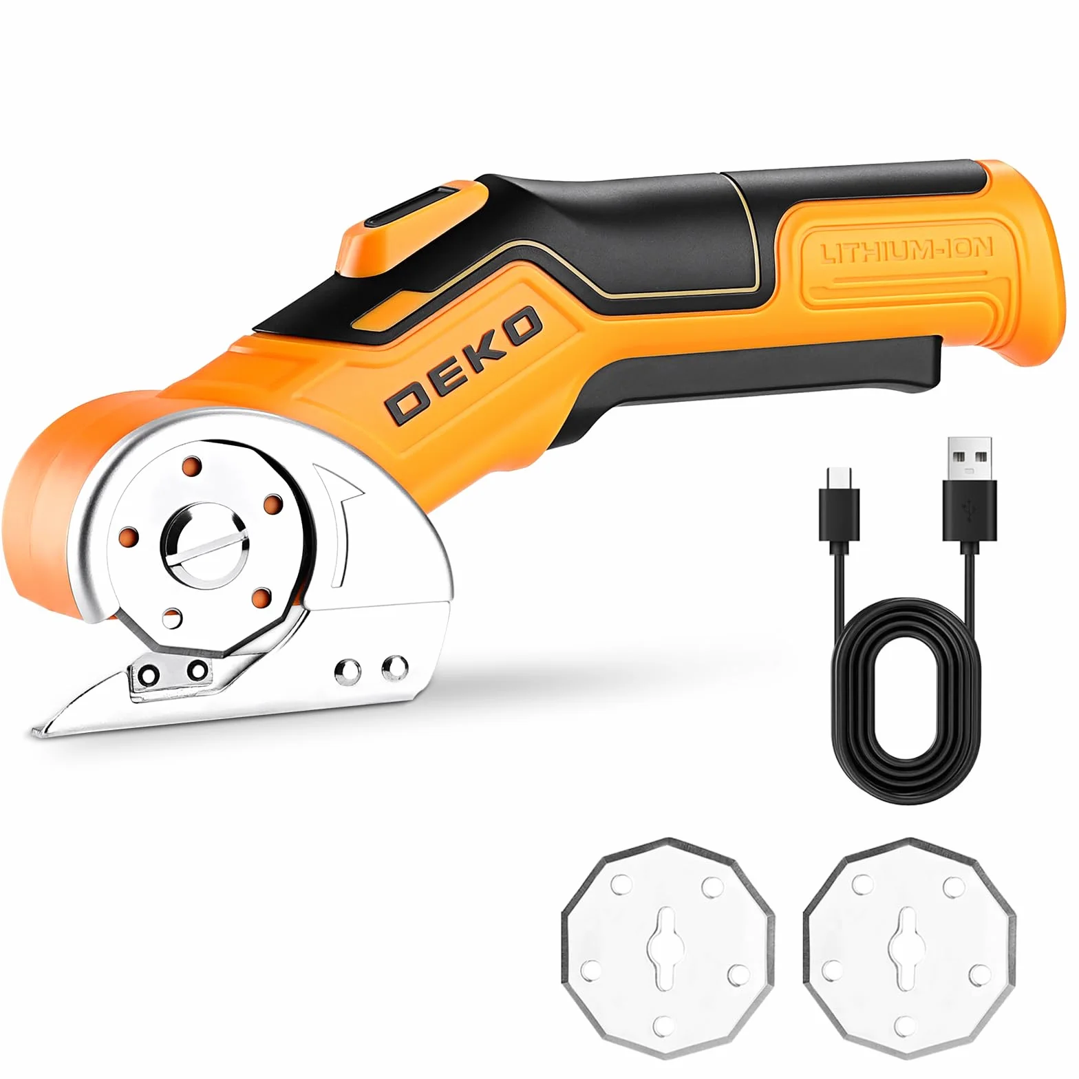 DEKOPRO 3.7V Taglierina Elettrica Cordless Multifunzione Cesoie per Cartone Tessuti Pelle Tappeti Plastica Giallo