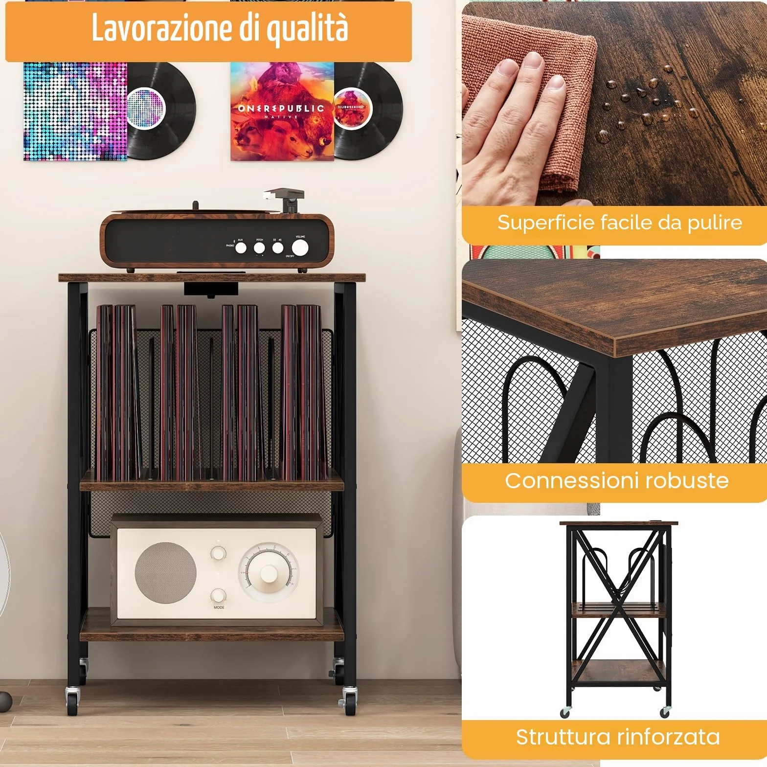 LIFEZEAL Mobile Giradischi e Porta Vinili, Supporto per Giradischi, Carrello con Ruote Bloccabbili per CD, Tavolino a 3 Ripiani per 250 Album, Legno+Metallo, Peso Max 90kg, 52x45x75 cm, Marrone