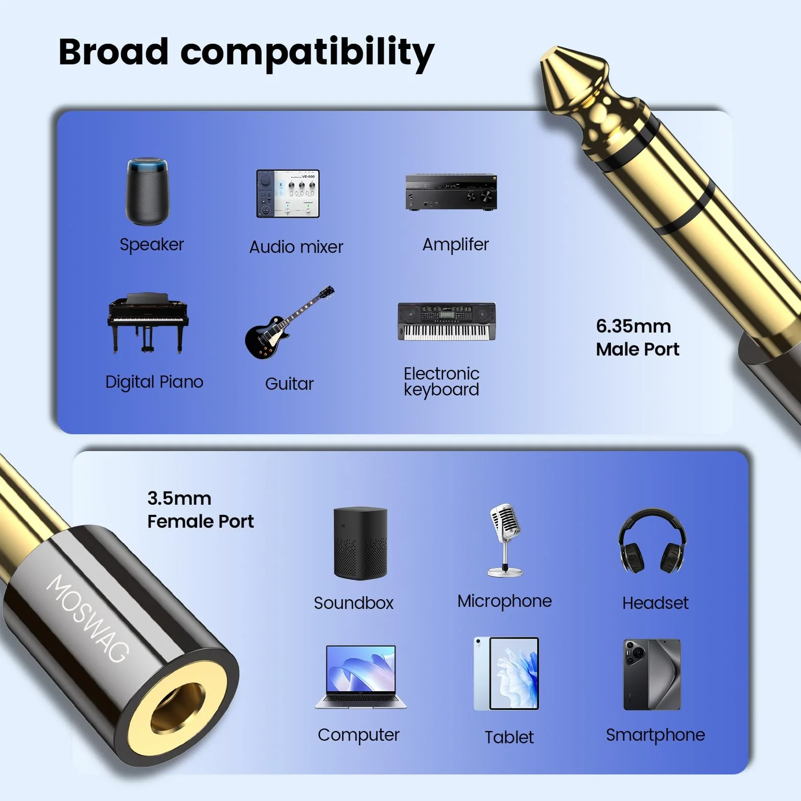 MOSWAG Adattatore jack, adattatore audio jack da 3,5 femmina a 6,3 maschio, convertitore 6,35 mm a 3,5 mm per cavo chitarra, telefono, computer desktop (2 confezioni)