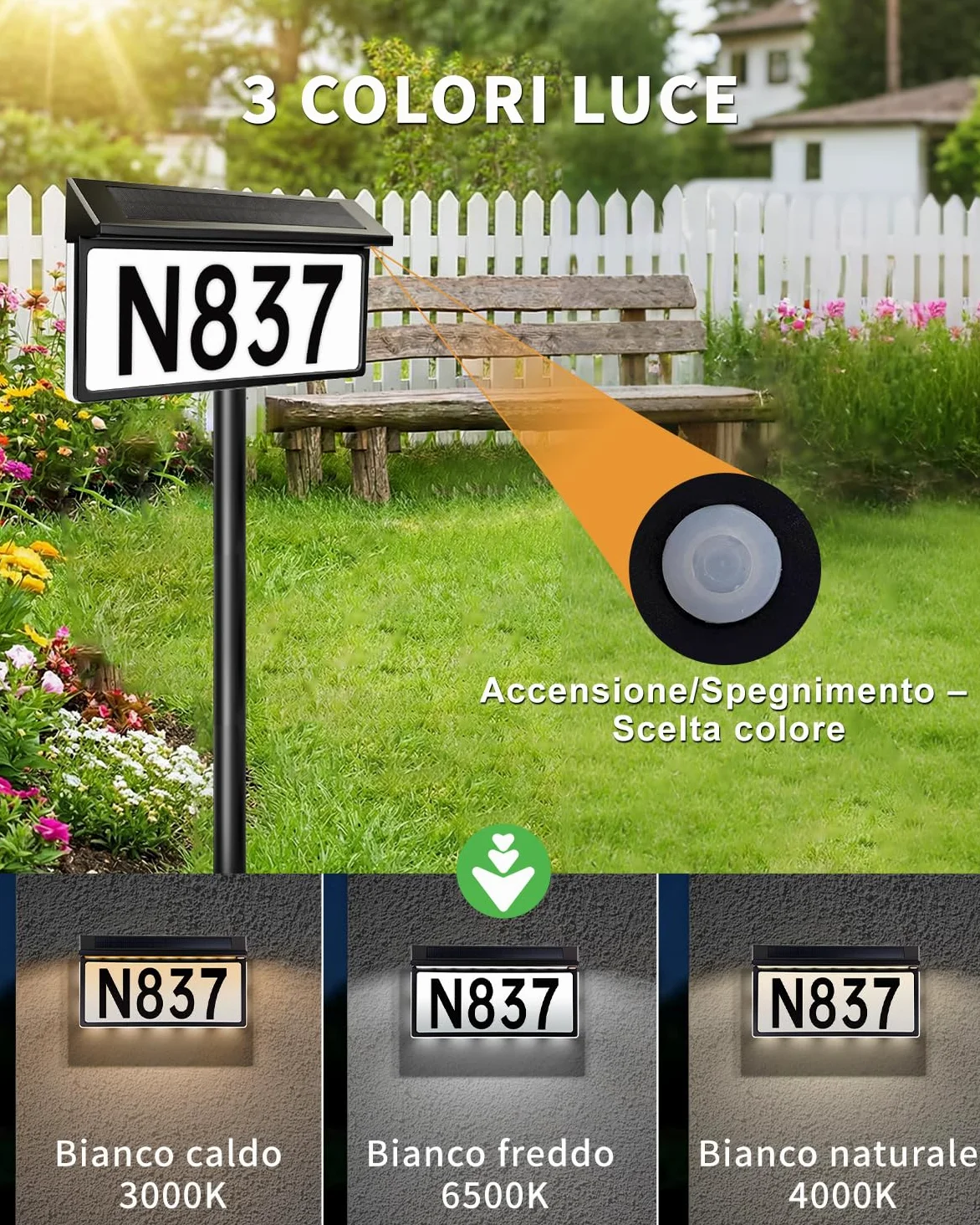 Lampada Solare per Numero Civico, 56 LED, IP65 3000K/4500K/6000K | batteria 2000mAh, montaggio a piolo o parete, include 26 lettere e 30 numeri, ideale per ingresso e giardino