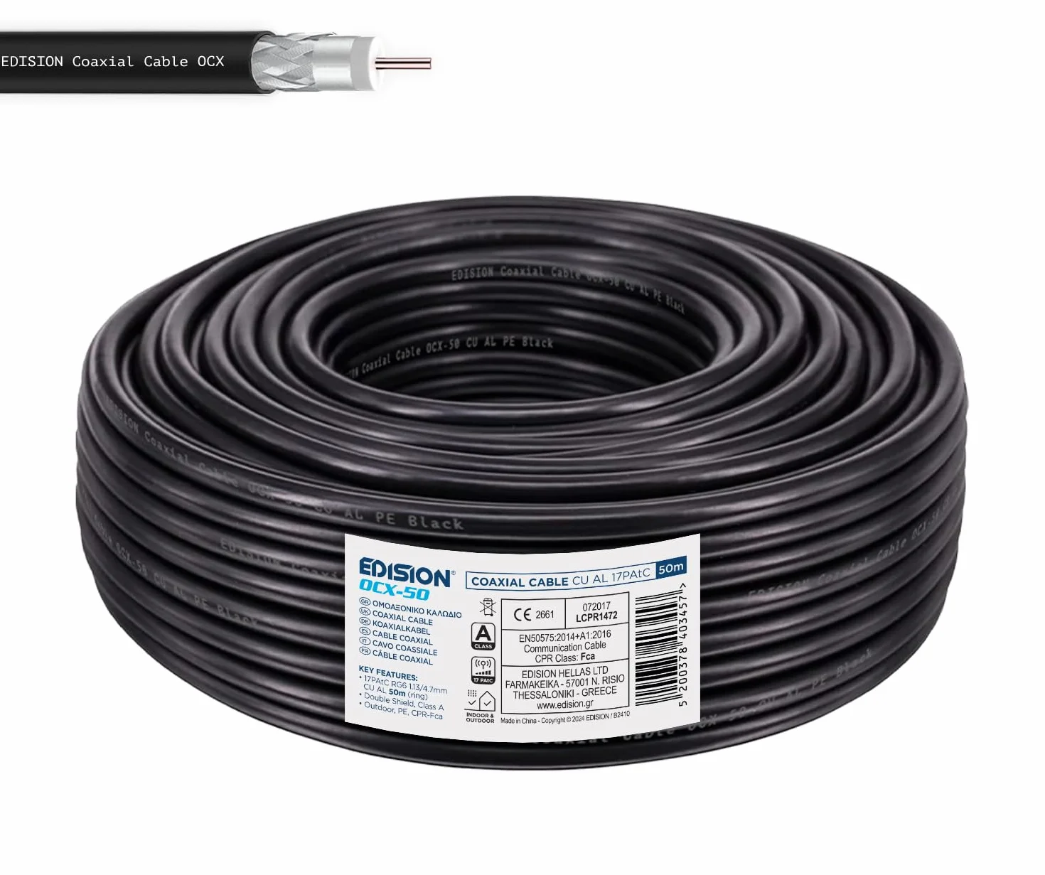 EDISION OCX-50 Cavo Coassiale SAT 50m, Antenna TV PE Nero, Rame CU/AL, 17PAtC, CPR Fca, Classe A per DVB-S2/T/T2/C, RADIO - Bobina