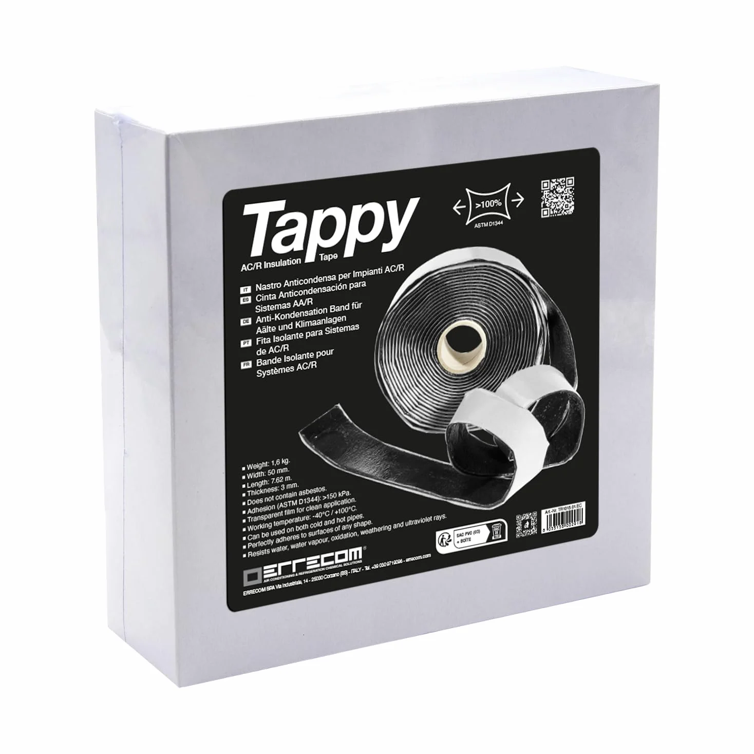 ERRECOM Tappy, Nastro Anticondensa in gomma butilica per Impianti di Climatizzazione e Refrigerazione, 50 mm x 3 mm x 7,62 m, peso 1,6 kg