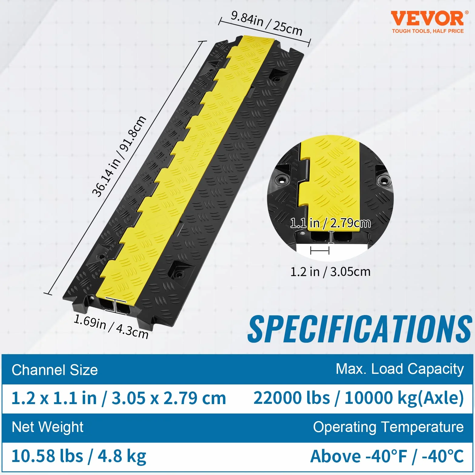 VEVOR Passacavo TPU TPR 2 Canali 3,05 x 2,79 cm Rampa Modulare Impermeabile Carico 10 Tonnellate