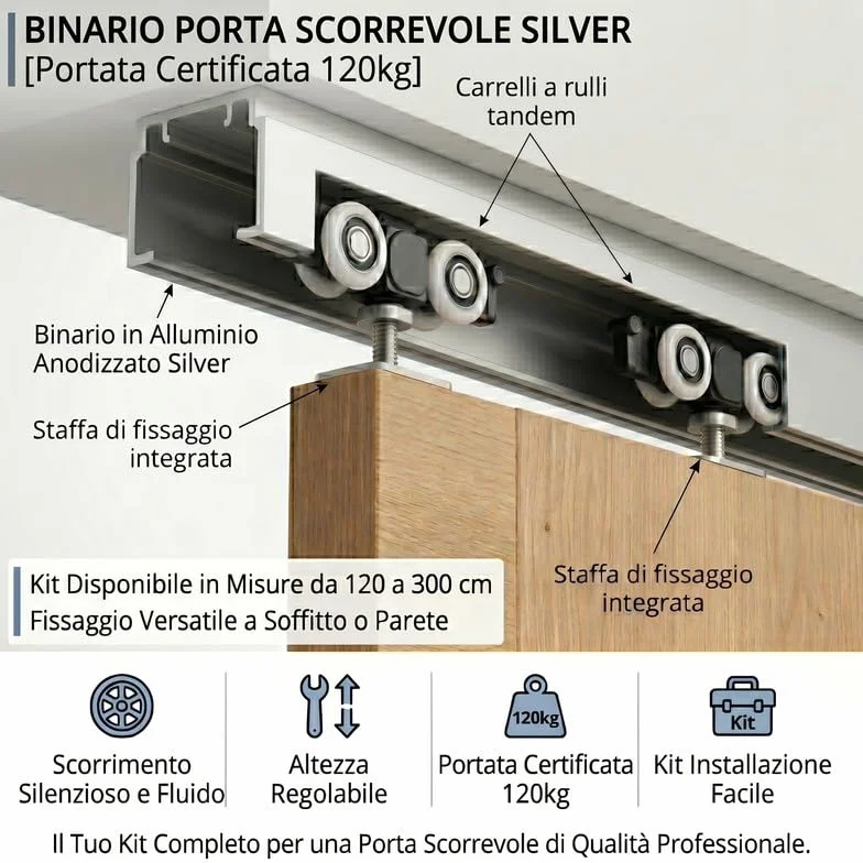 FIP Porte Binario Porta Scorrevole Silver Portata 120 kg Kit Alluminio Anodizzato Fissaggio Soffitto Parete 180 cm