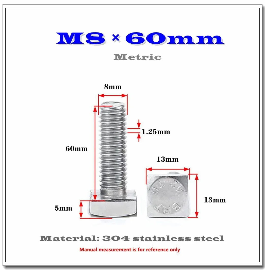 Bullone Testa Quadrata M8x60mm Acciaio Inossidabile 304 4 Pezzi