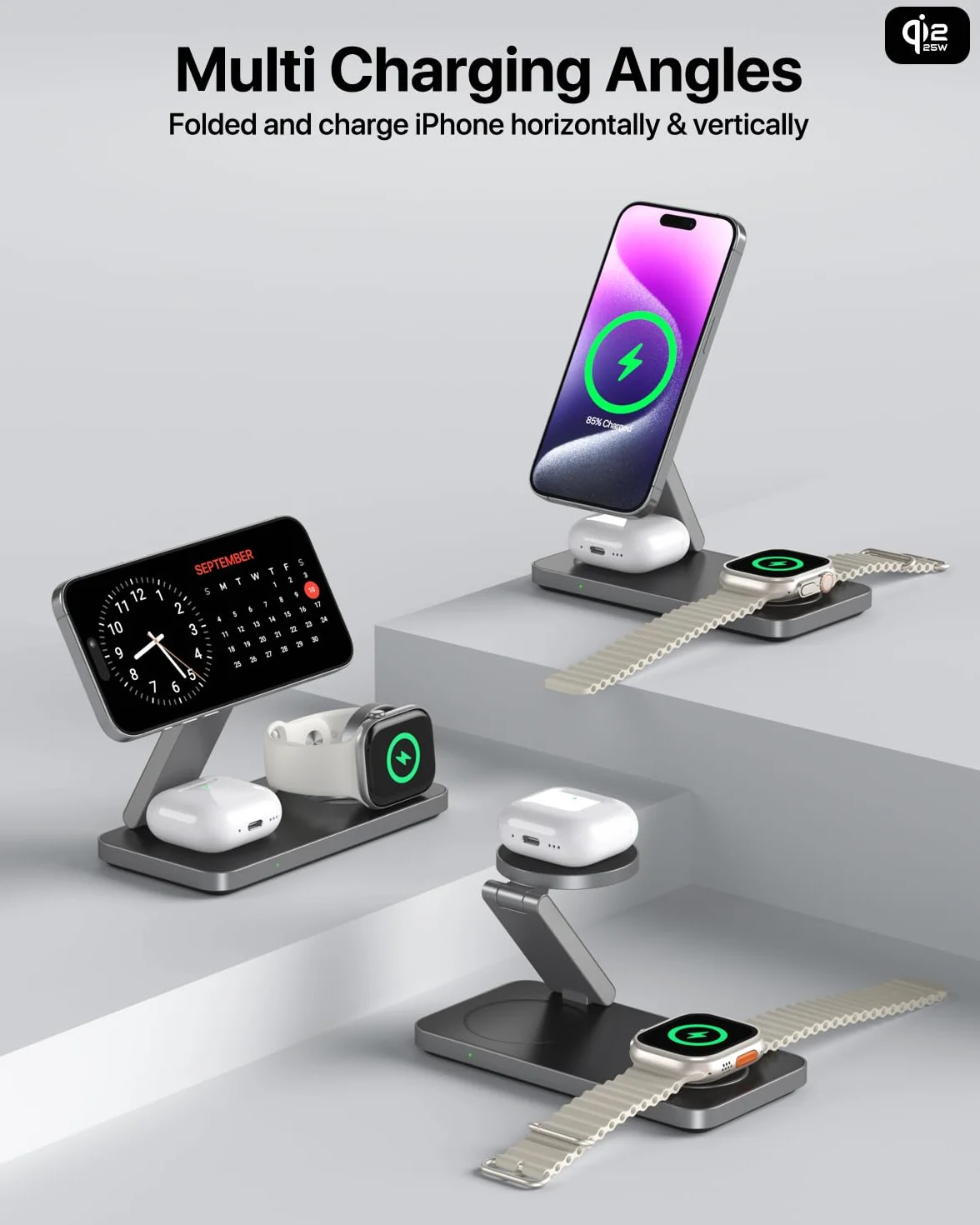 Qi2 25W Caricatore Wireless, Stazione di Ricarica Pieghevole 3 in 1 per iPhone 17e/17/16/15/14/13/12/Air, Apple Watch e Pods Pro con Adattatore Rapido-Nero
