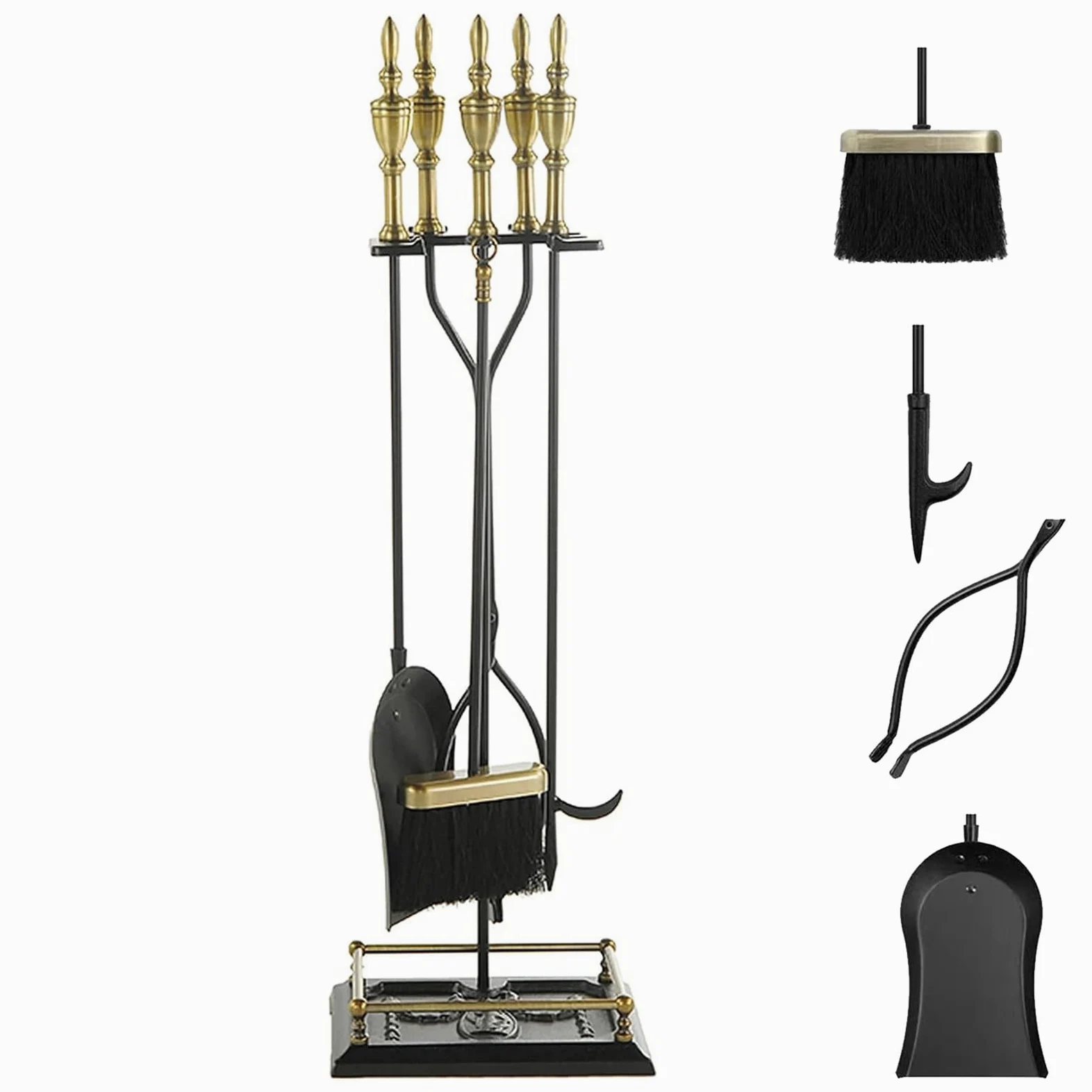 Set Attrezzi per Camino 5 Pezzi, Base con Attizzatoio, Pinza, Paletta E Scopa,Metallo,Strumenti per Camino in Ferro Battuto Nero E Accessori per Caminetto per Interni,Ottone,31.8in