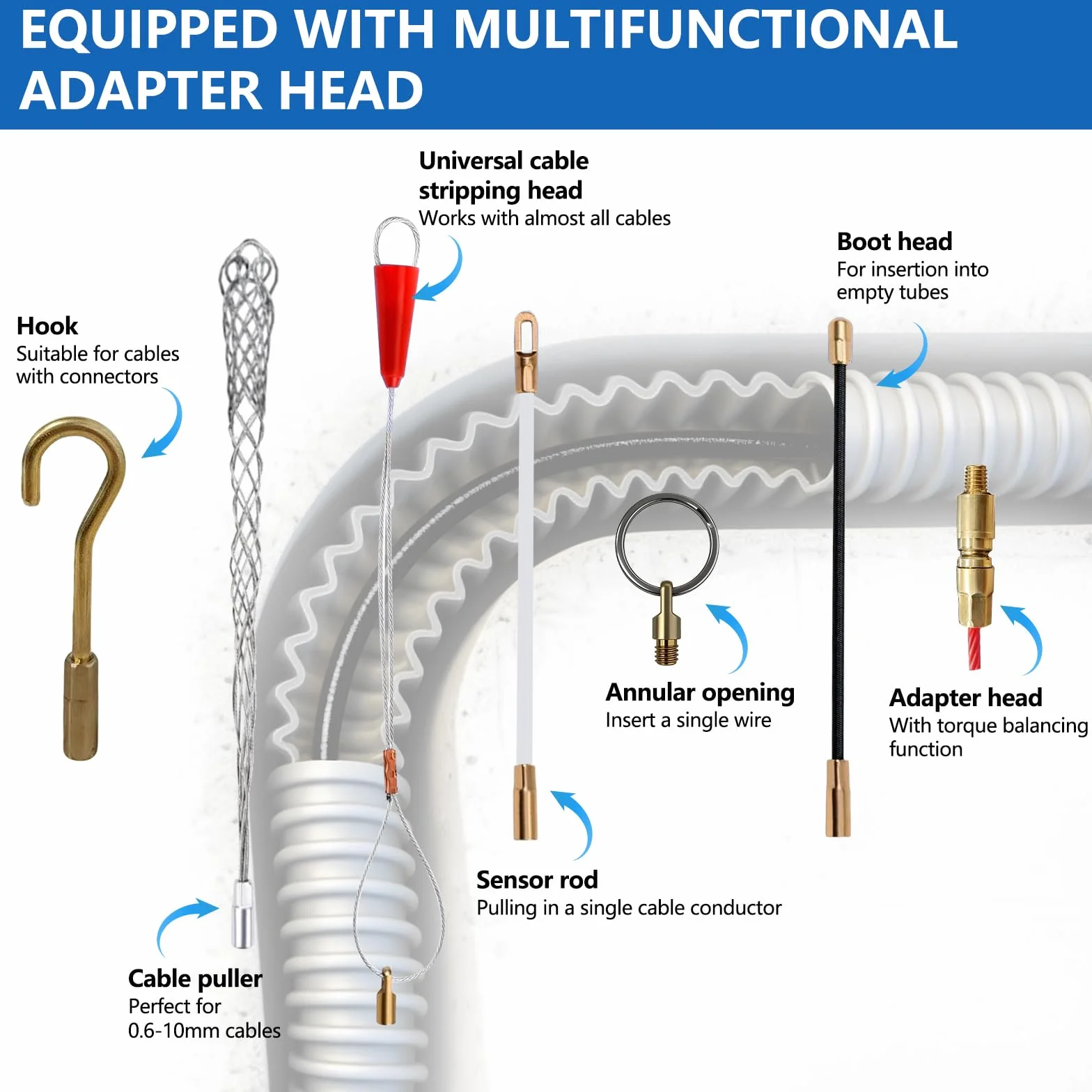 Spirale di ritiro da 30 m, in fibra di vetro, 4 mm, aiuto di ritiro per cavi, con testa in rame e 6 adattatori, molla di ritrattamento, filo di trazione, per tubi vuoti per cavo elettrico in fibra di