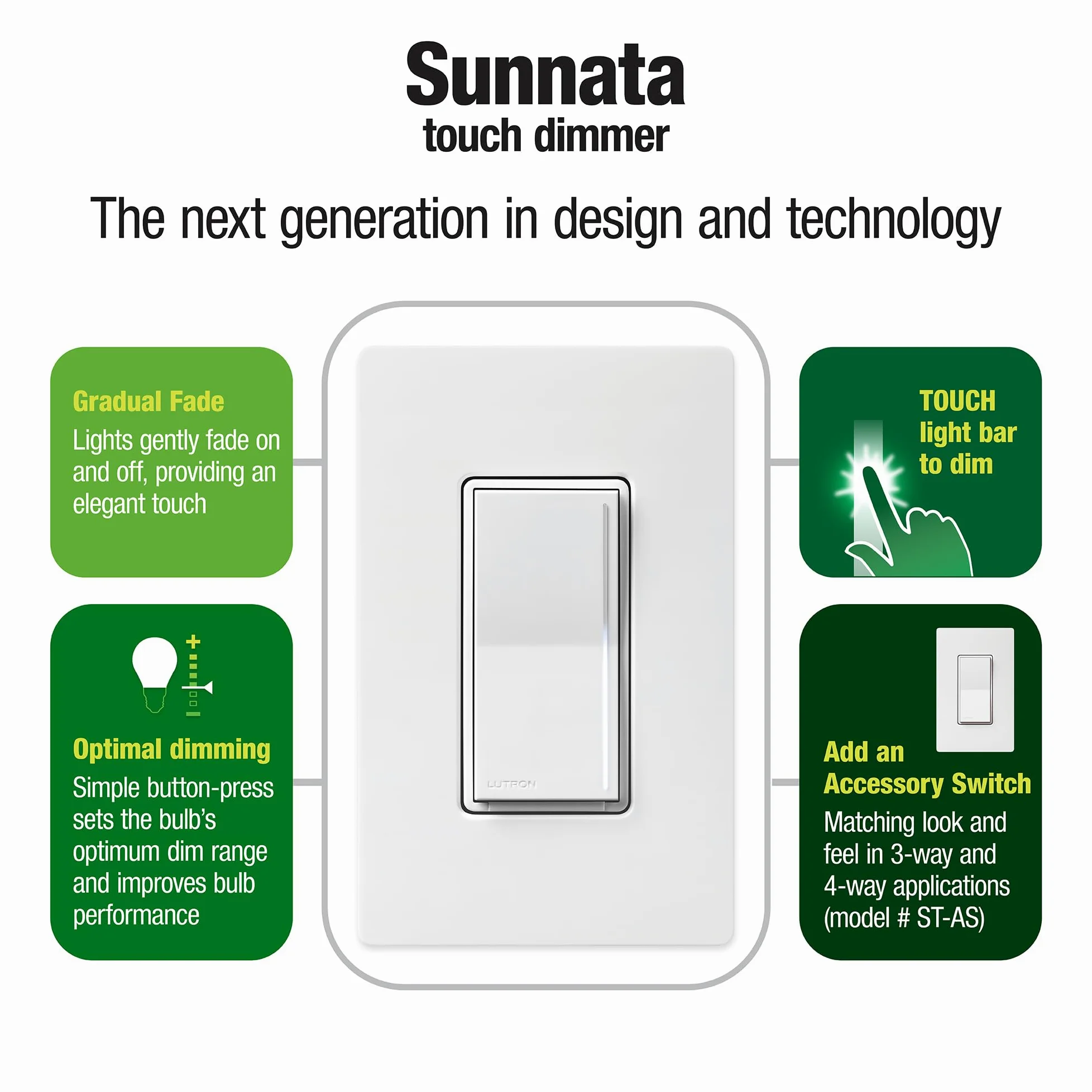 Lutron Sunnata STCL-153MS-WH, interruttore dimmer touch con tecnologia avanzata LED+ per LED e incandescenza, 3 vie/multi posizione, bianco (confezione da 6)