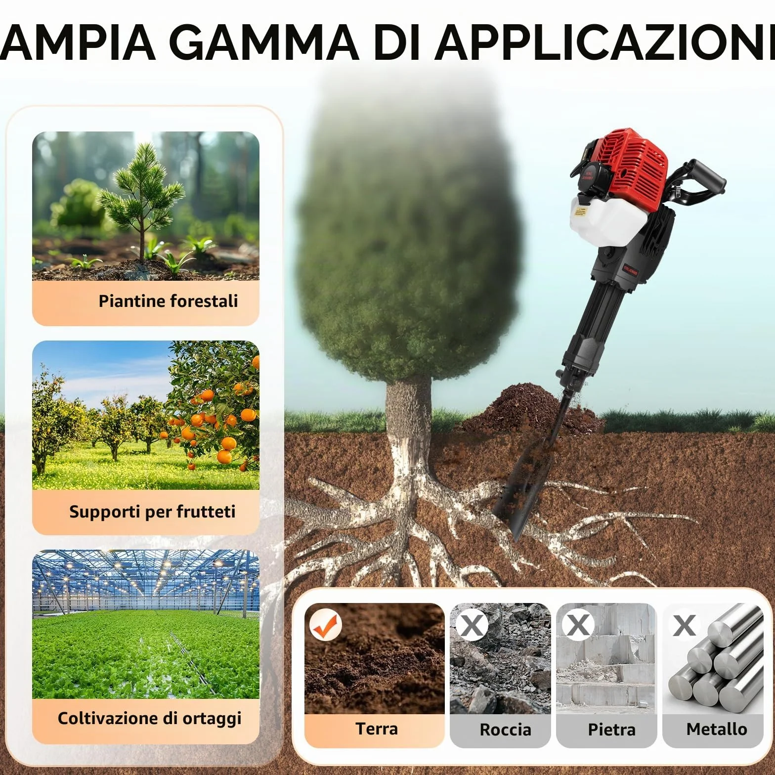 Martello demolitore 52CC 2 tempi benzina 55J 6500 rpm pala vanga da giardino