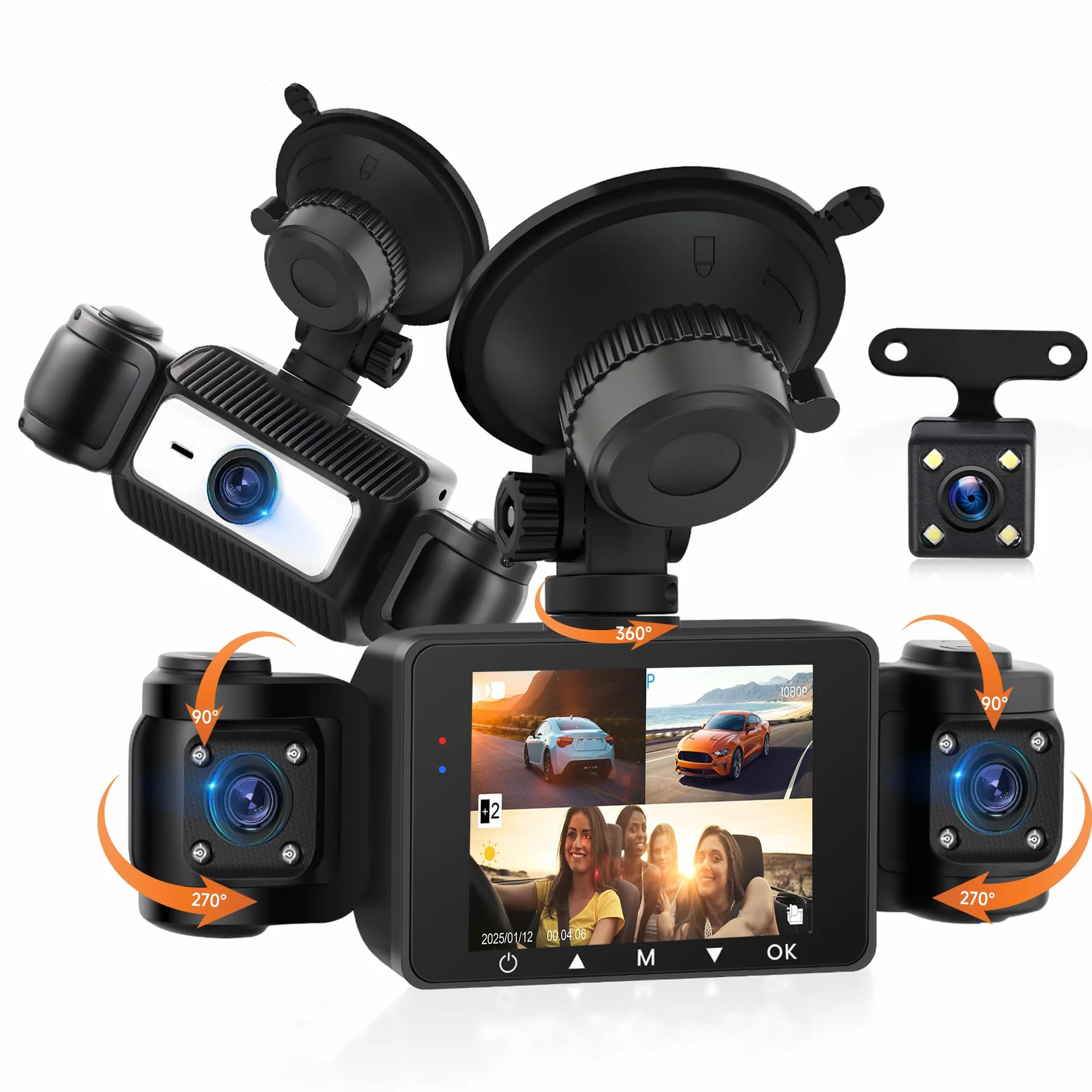 Rimoody 360° 4 Canali Dashcam Auto, 4 Telecamera HD 1080P Anteriore e Posteriore Sinistra Destra, 2.4 Pollici Schermo IPS Dash Cam con Visione Notturna IR/Loop video/24H Parcheggio Monitor/G-Sensore