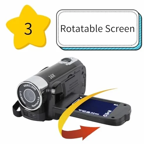 Videocamera Videocamera, 16x 1080P 30FPS Camera Recorder con Schermo Girevole TFT da 2,7 Pollici, Luce di Riempimento, Altoparlante Incorporato, Supporto 32 GB, per (Nero)