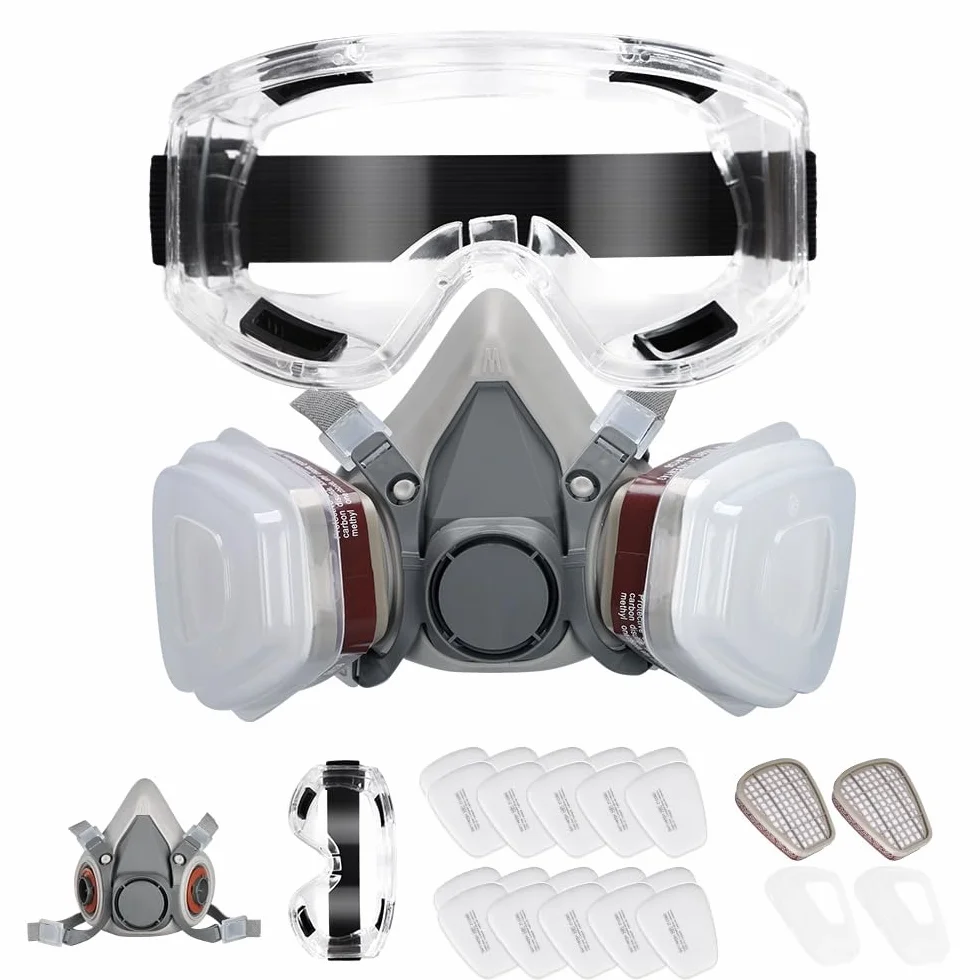 Maschera Respiratoria con Occhiali Protettivi 20 Filtri Sostituibili Kit Protezione Verniciatura Polveri