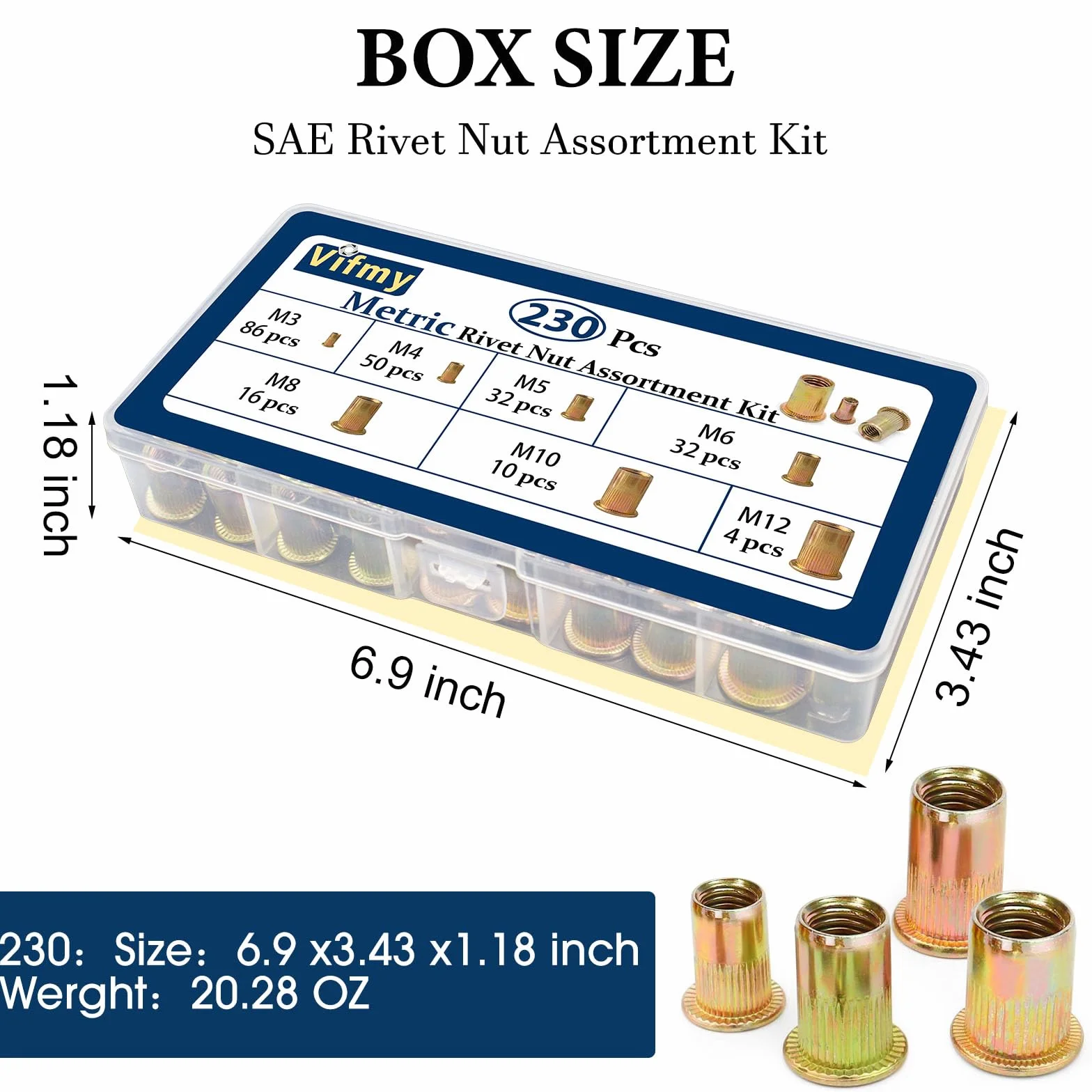 Vifmy Kit assortimento rivetti filettati metrici M3 M4 M5 M6 M8 M10 M12 230 pezzi inserti acciaio carbonio zincati