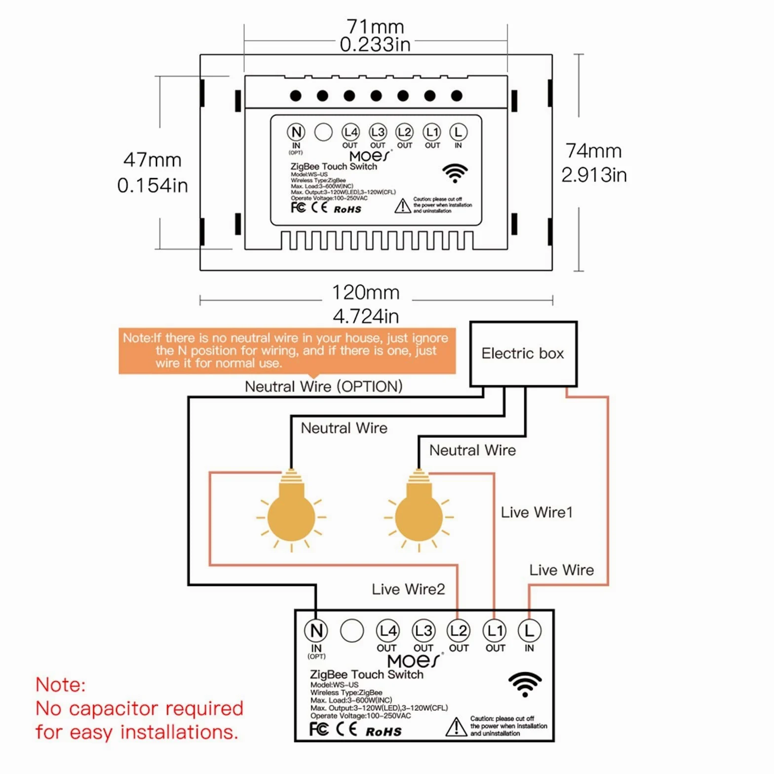 Interruttore smart wifi, Interruttore della luce intelligente touch a parete con neutro/nessun neutro, nessun condensatore Smart Life/Tuya funziona con Alexa, Google Hub richiesto installazione facile