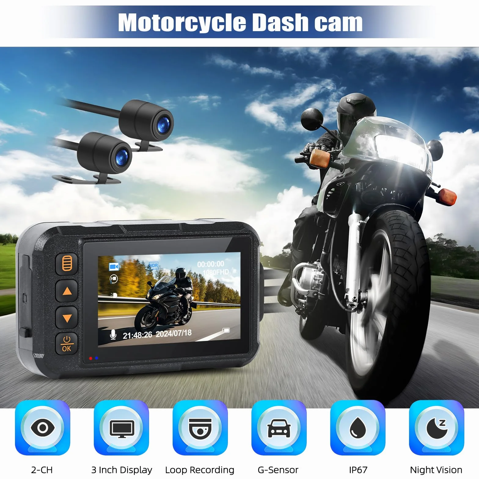CAMECHO Moto Dash Cam 3 Pollici Schermo con 64GB TF Scheda, IP67 Impermeabile Doppia Telecamere Grandangolare 120 Gradi 90 Gradi Fotocamera per Moto con HDR, G-Sensor, Registrazione in Loop