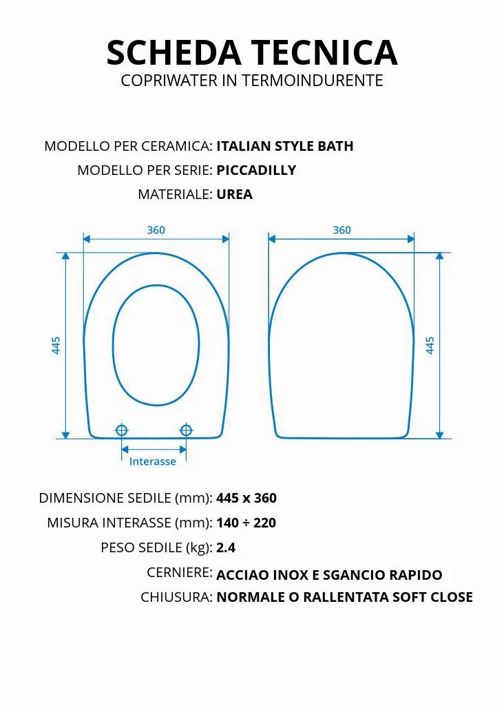 Copriwater per ITALIAN STYLE BATH PICCADILLY TERMOINDURENTE BIANCO cerniera inox normale o rallentata soft close