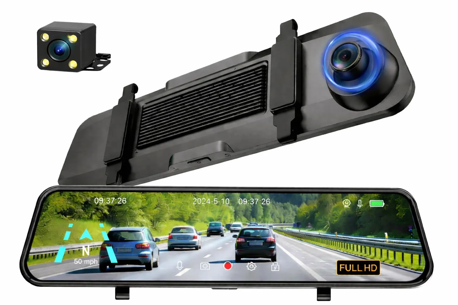 Dashcam per Specchietto Retrovisore 4.3" Full HD 1080P, Dual Lens Anteriore e Posteriore, Registrazione Loop, Telecamera Retromarcia, Supporto fino a 64GB, Facile Installazione, Visione Notturna