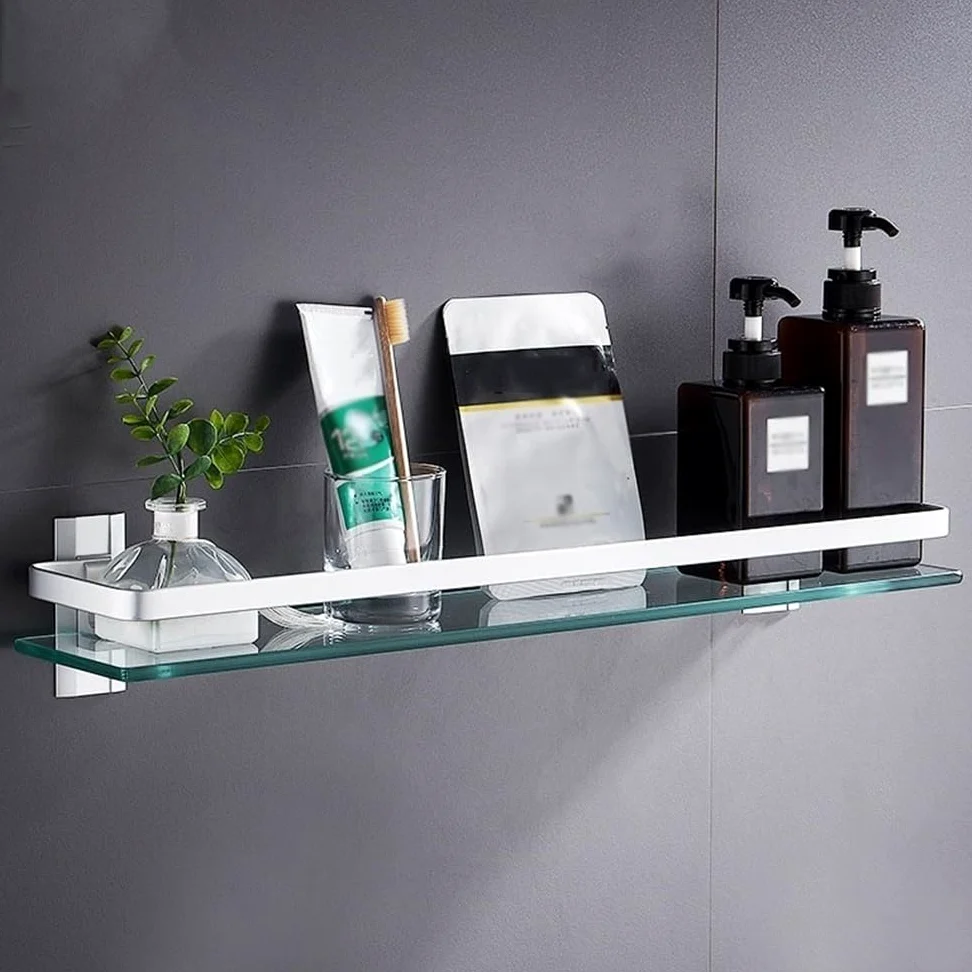 Ripiano per doccia Mensola da bagno in vetro con binario in alluminio, contenitore galleggiante senza foratura Organizer