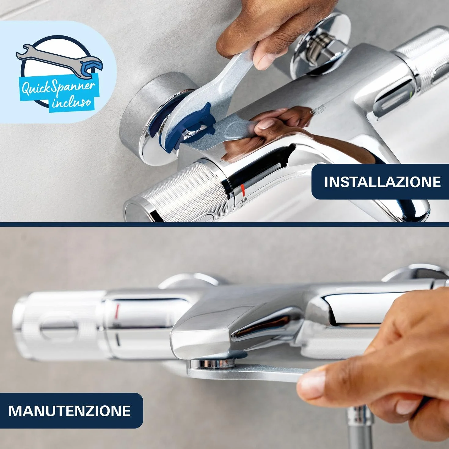 GROHE Dice Miscelatore vasca/doccia a vista con deviatore automatico parete leva metallo cartuccia ceramica 35 mm QuickSpanner Cromo