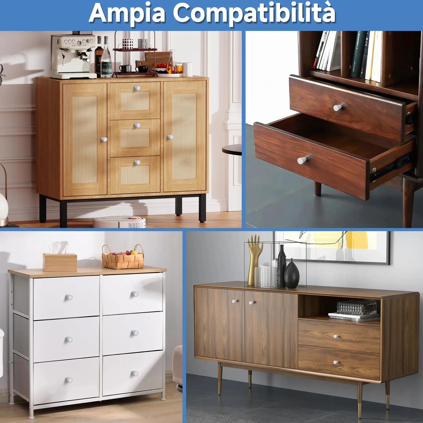 Pomelli per Mobili in Alluminio Opaco – Maniglie Rotonde per Cassetti con Viti, Stile Moderno per Armadi Cucina, Bagno (Argento)