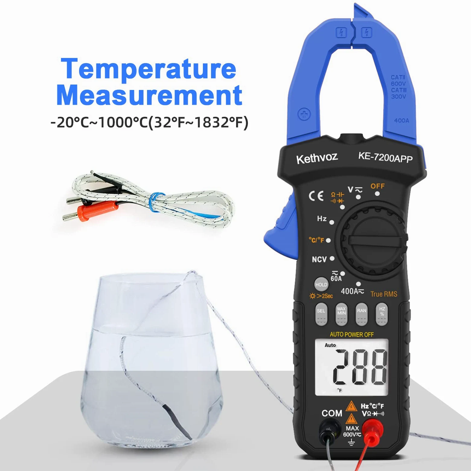 Digitale Pinza Amperometrica 400A CC/CA, Kethvoz Bluetooth Multimetro Professionale Misura AC/DC Elettrica Corrente Tensione Resistenza Capacità, 6000 Conteggi Amperometro KE-7200APP