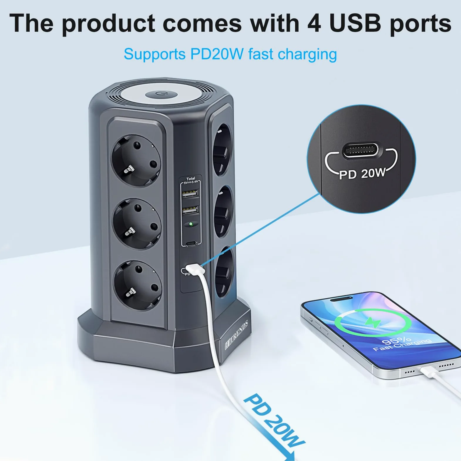 Ciabatta elettrica a 12 prese con 2 USB-A e 2 USB-C, 4000 W LED con interruttore, cavo da 1,8 m, torre con protezione da sovratensione (nero)