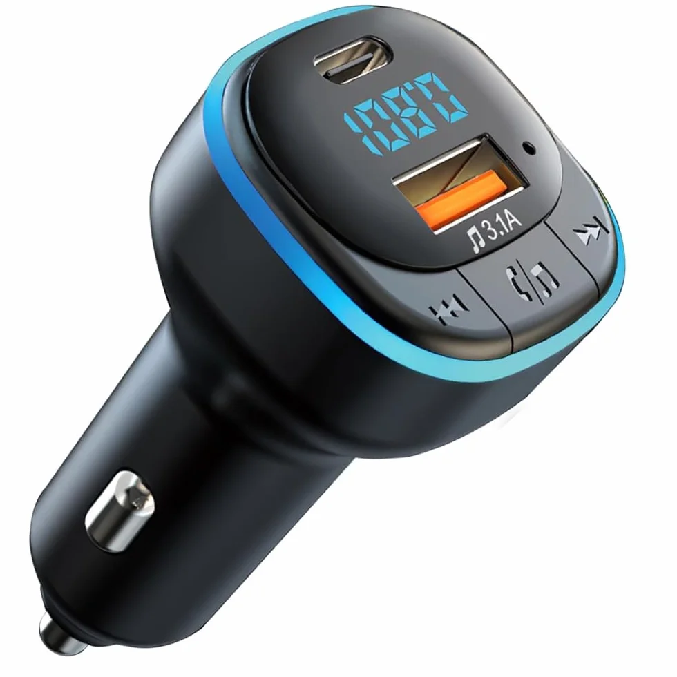 Trasmettitore FM Bluetooth 5.0 per Auto, MP3 Audio Radio Con Porta USB+Type C 3.1A, Luce LED Blu Sfumata, Supporto Disco U, Chiamata Vivavoce
