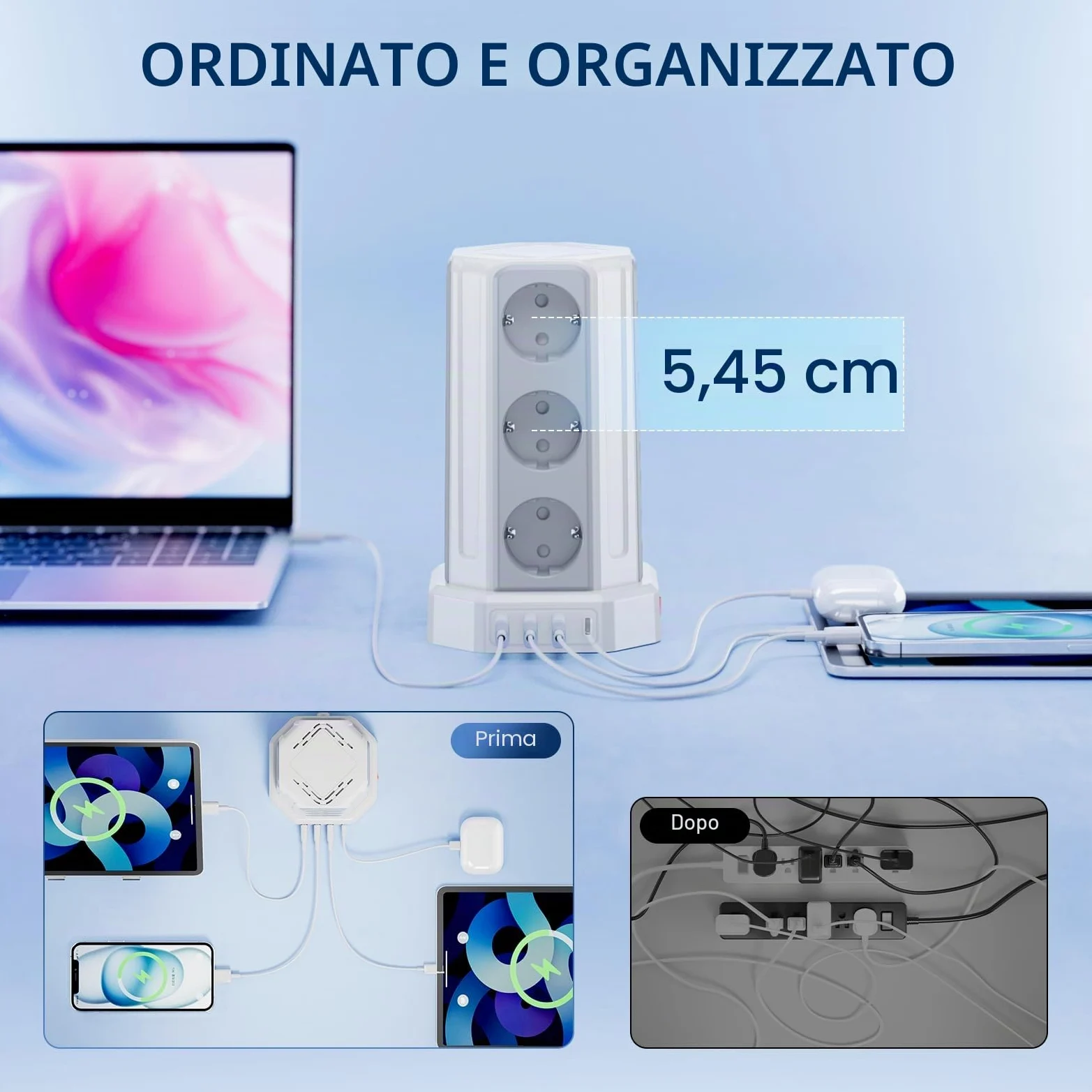 Sameriver, Ciabatta multipla con interruttore, 12 prese, con 3 USB A+1 USB C, ciabatta con cavo di prolunga da 5 m, protezione da sovratensione per casa, ufficio F (Schuko)