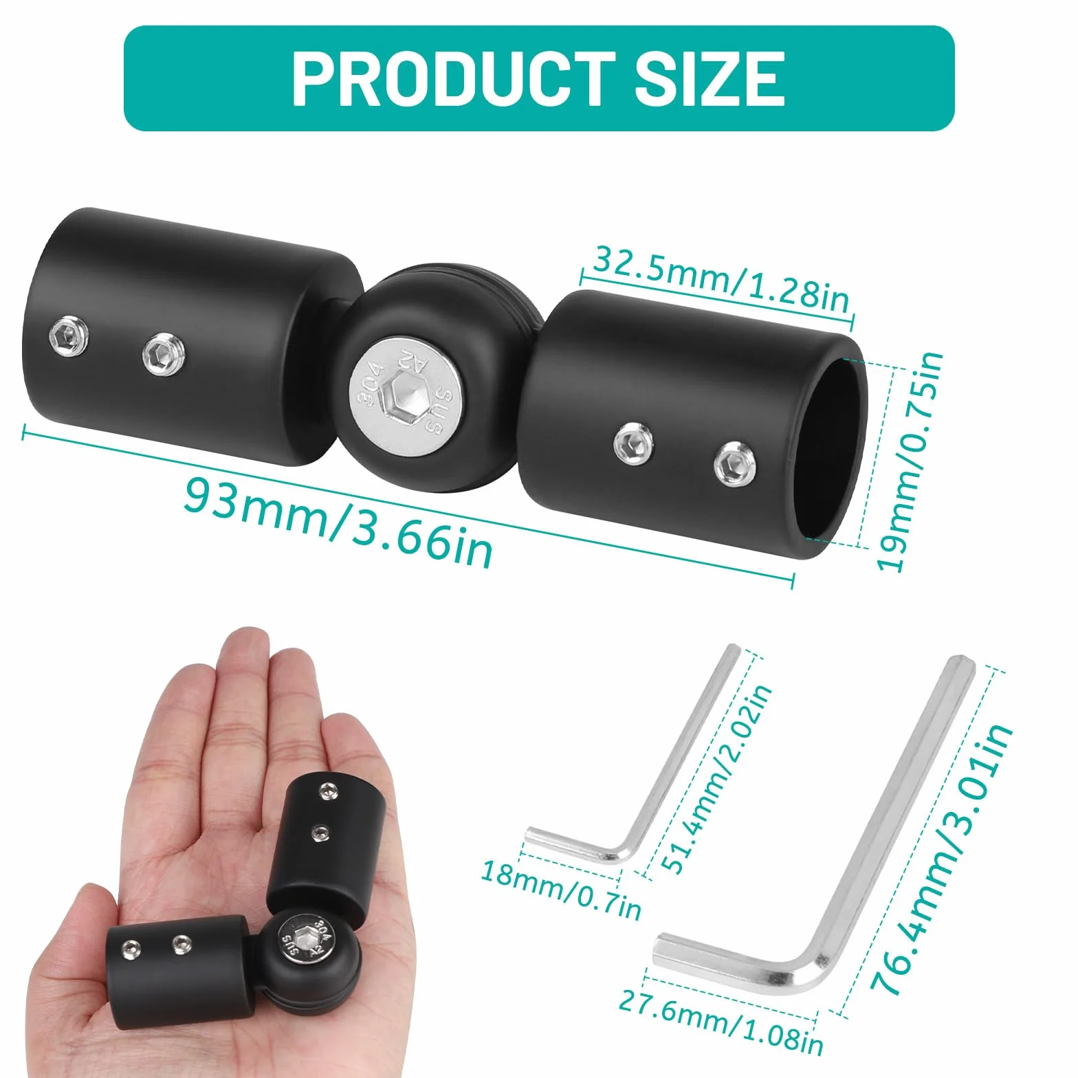 Connettore Angolare per Barra Tenda Regolabile 90-180 Gradi Acciaio Inossidabile 19mm 2 Pezzi